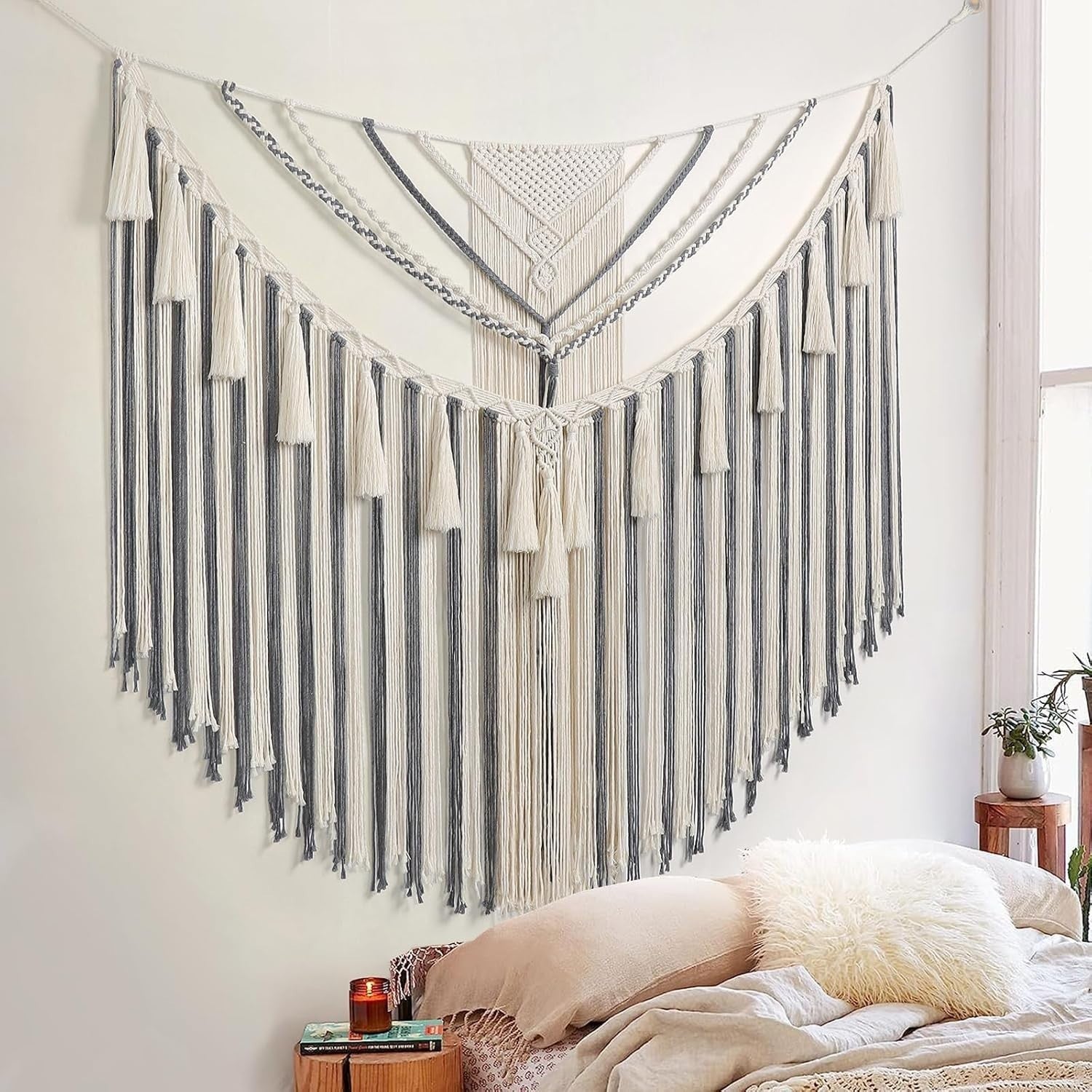 Large Grey Boho Macrame Wall Hanging 43"x35" Geometric Decor