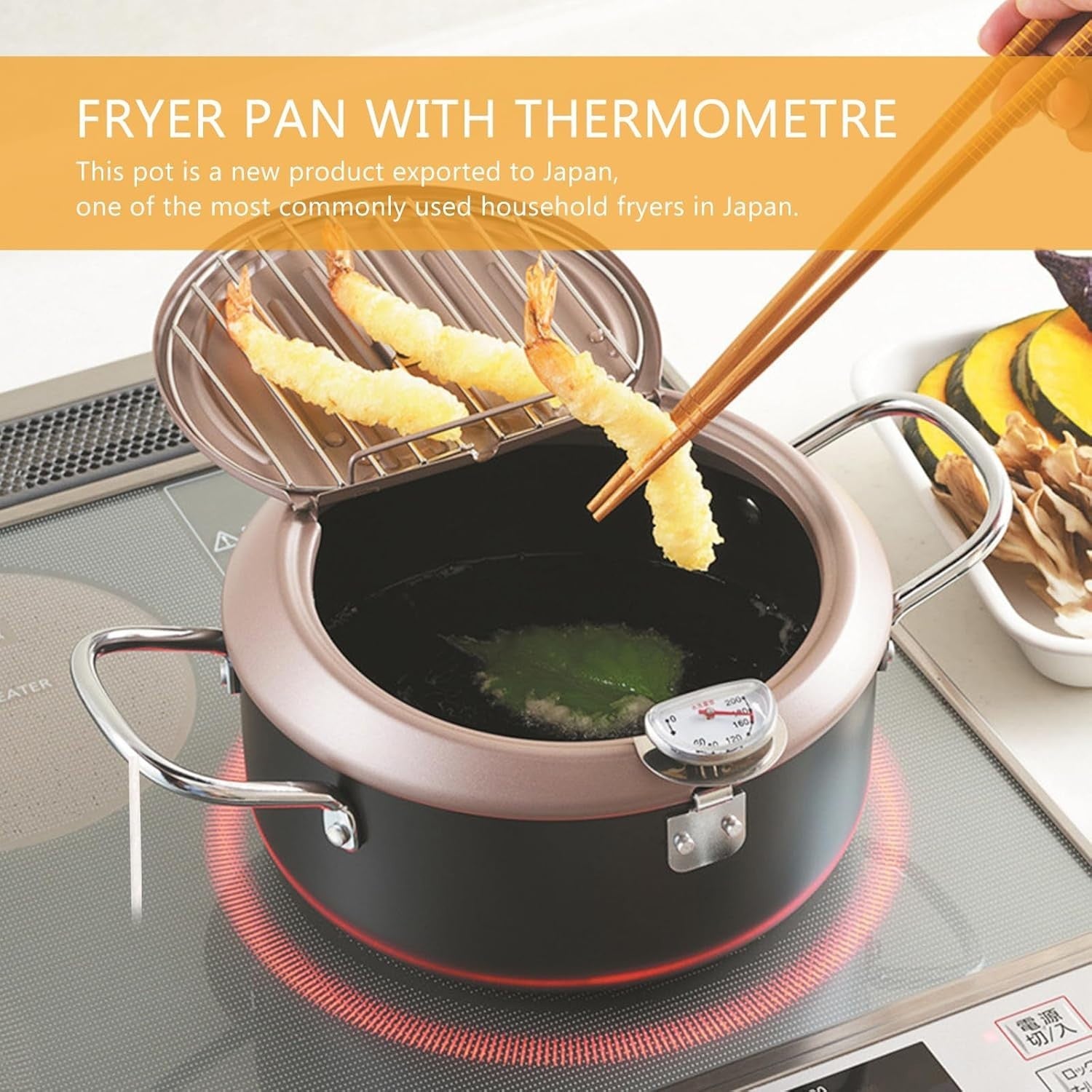 Japanese Style Deep Fryer Pan 20cm With Thermometer Lid Oil Rack