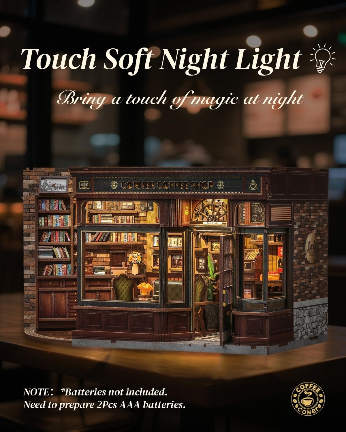 DIY Book Nook Coffee Shop Kit 3D Wooden Bookshelf Diorama LED Gift