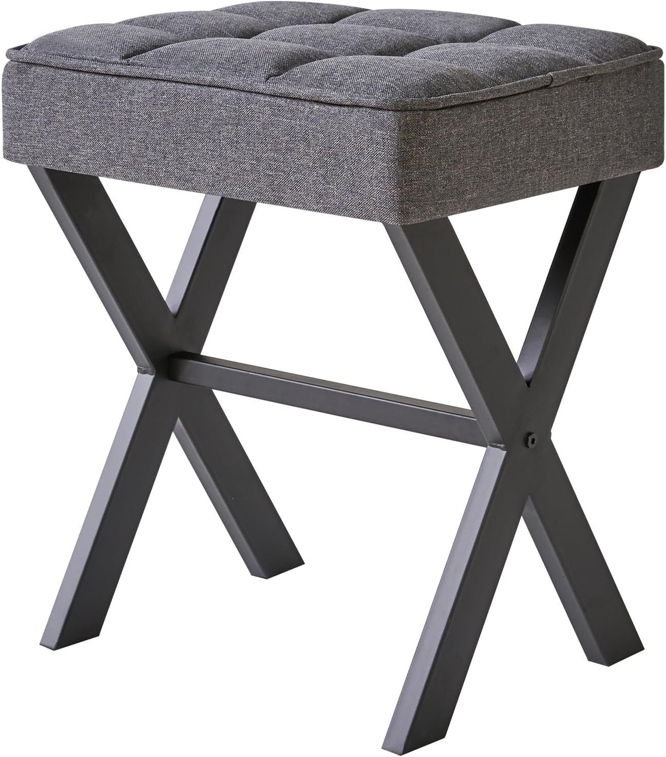 Dark Grey Linen Makeup Stool with X-Leg Base – Square Vanity Footrest
