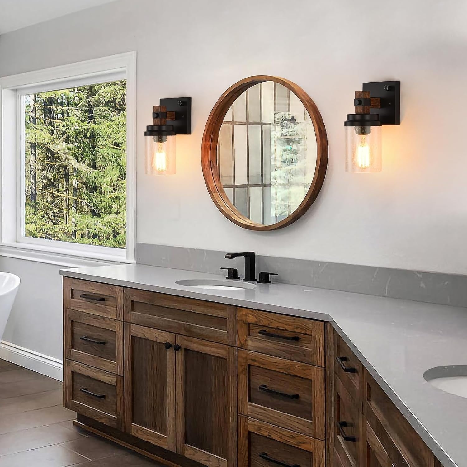 Rustic Wall Sconces Set of 2 Dimmable Farmhouse Vanity Lights with Seeded Glass