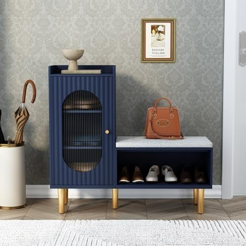 L-Shaped Shoe Storage Bench with Cushion Glass Doors 100×30×92 cm