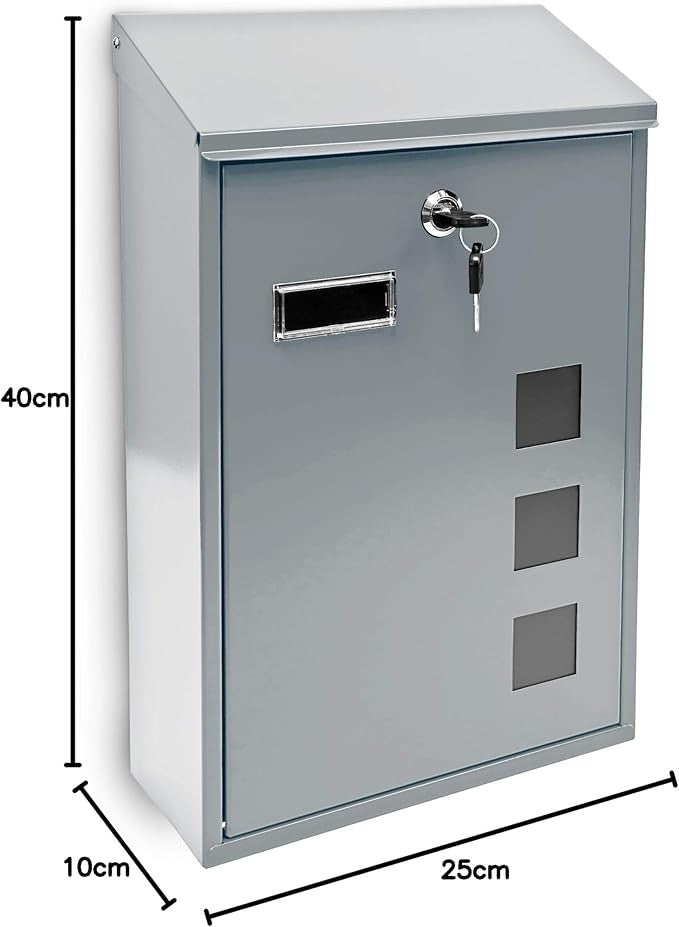 Lockable Silver Mailbox – Wall Mount, 3 Windows, Weatherproof 25x40cm