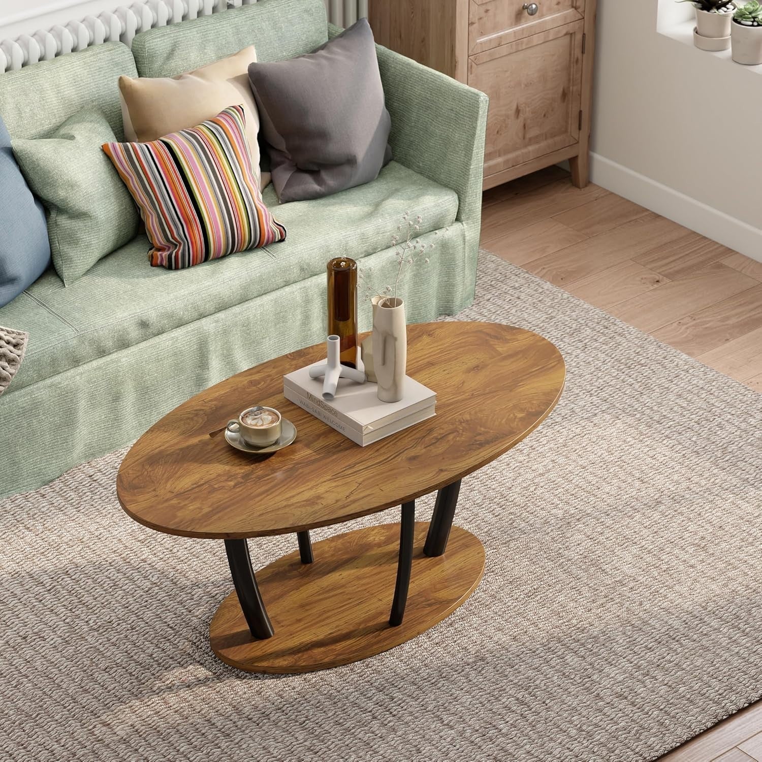 Oval 2-Tier Coffee Table Rustic Brown with Storage Shelf, Modern 100x55cm