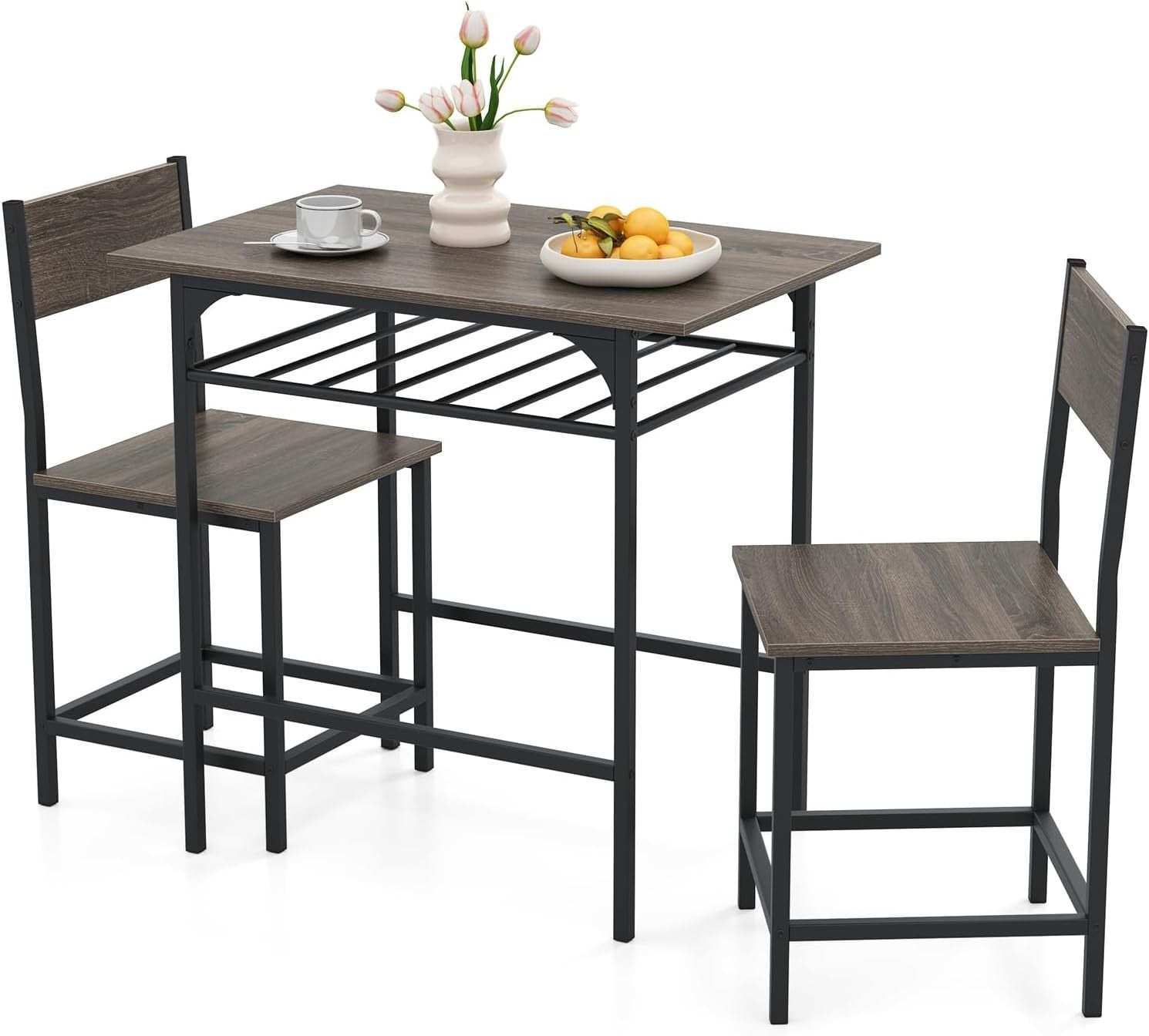 Grey 3-Piece Dining Table Set with 2 Chairs & Storage Rack Kitchen Bistro