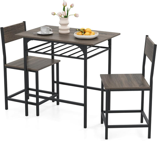 Grey 3-Piece Dining Table Set with 2 Chairs & Storage Rack Kitchen Bistro