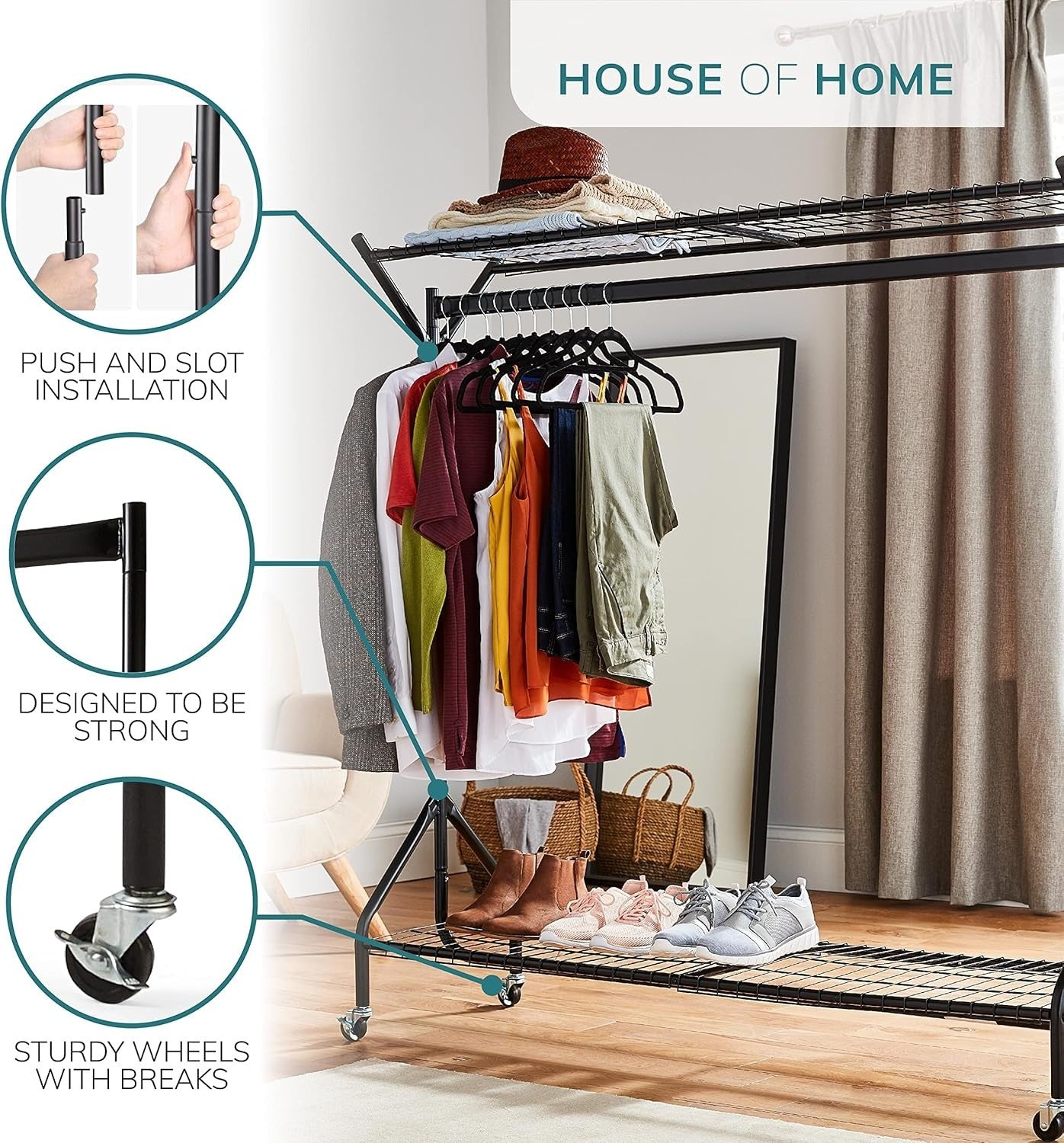 Heavy Duty 6ft Clothes Rail with Wheels & Shelves Black