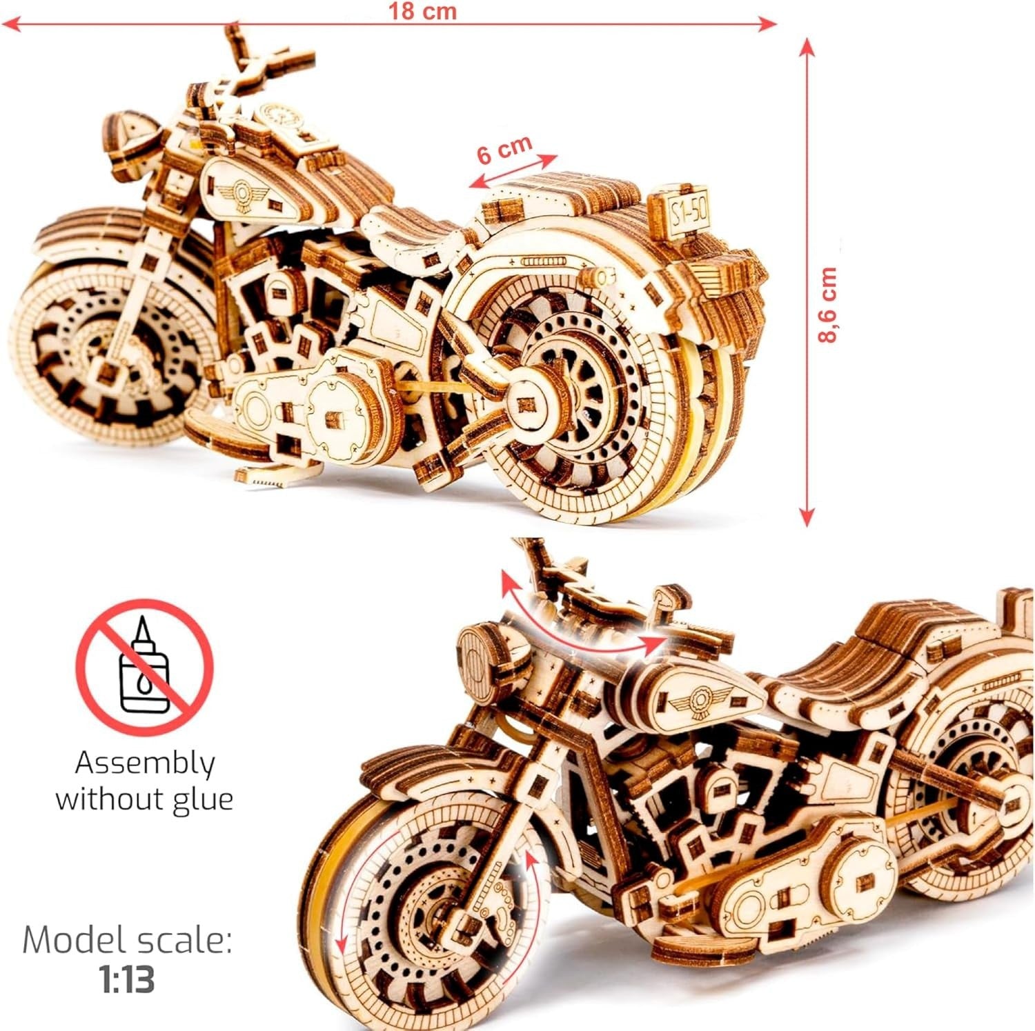 3D Wooden Motorbike Puzzle Kit | V-Twin Model | Rubber Engine Toy Gift