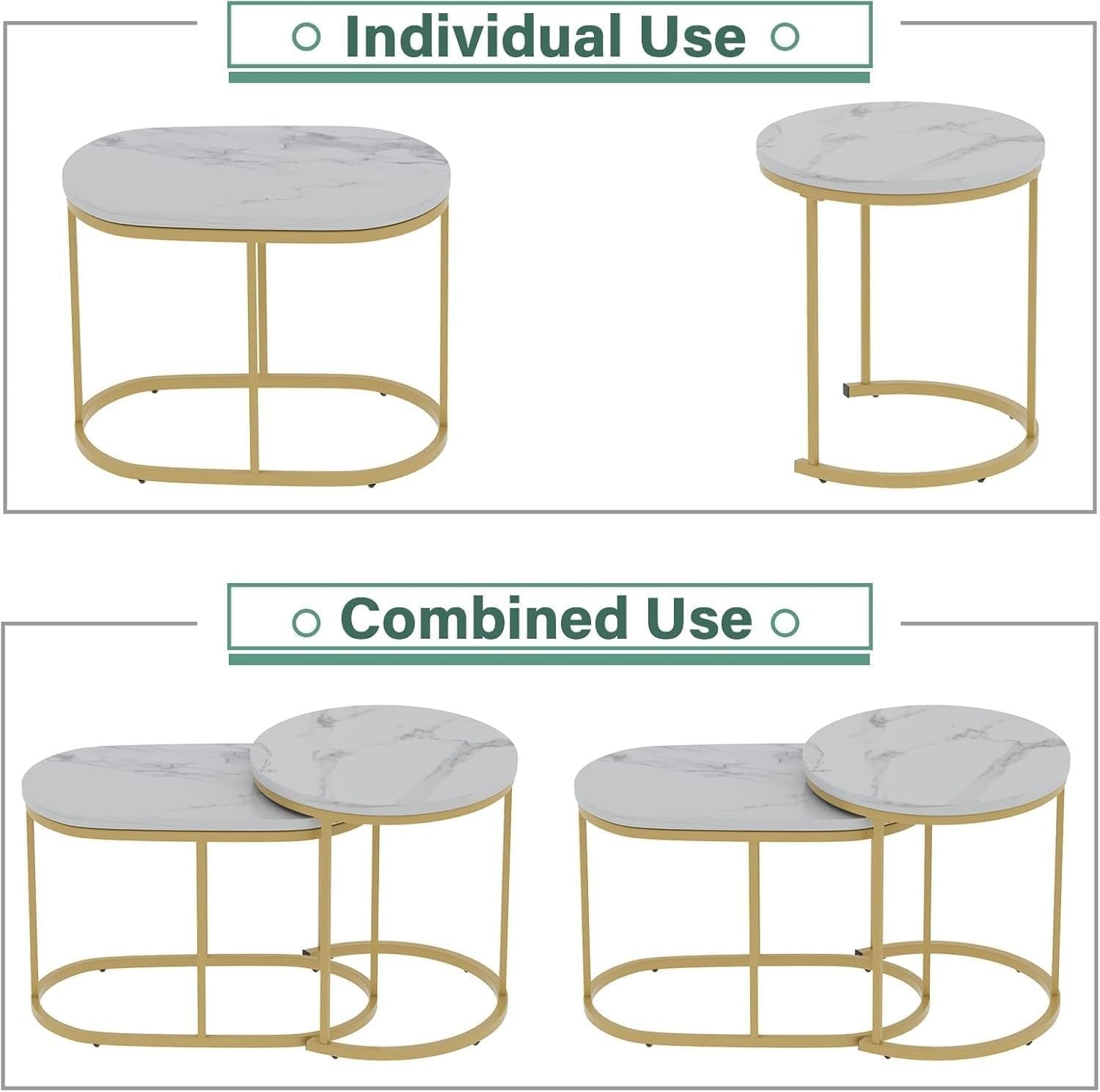 2-Piece Nesting Coffee Tables Set Marble Top Metal Frame Space Saving