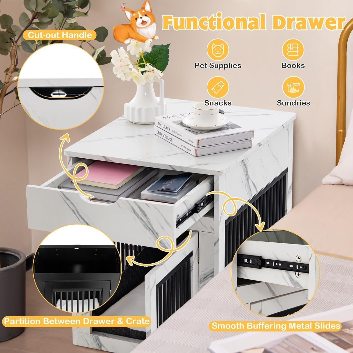 Wooden Dog Crate with Drawer & Wireless Charging Table Indoor Pet Kennel 64cm