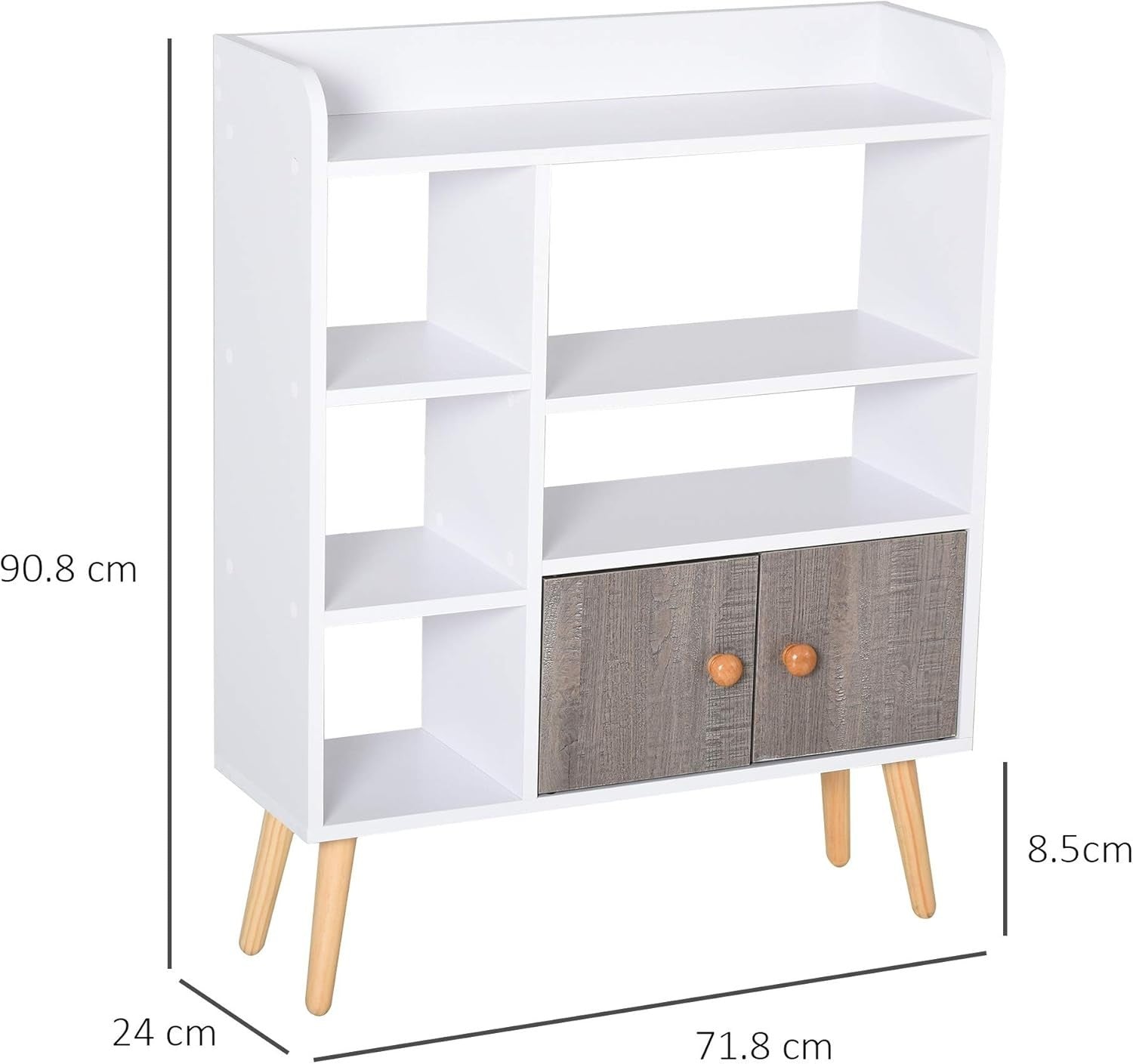 Modern 6-Shelf White & Grey Bookcase with Storage Cabinet | 91cm High