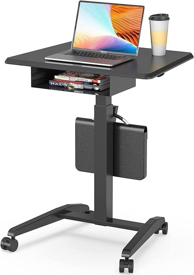 Height Adjustable Rolling Laptop Desk With Shelf Standing Table on Wheels