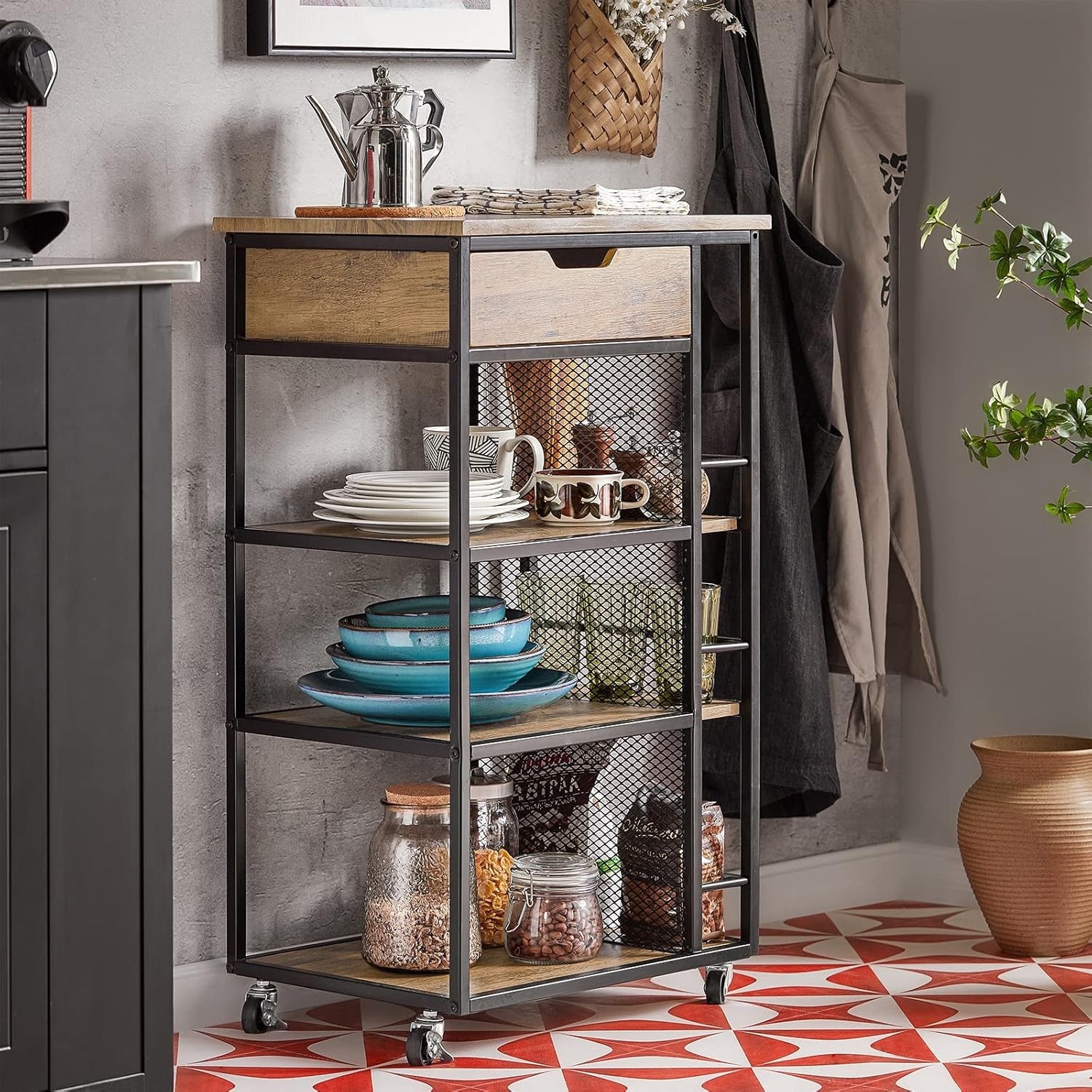 Industrial Kitchen Trolley on Wheels with Drawer 3 Shelves Storage Cart