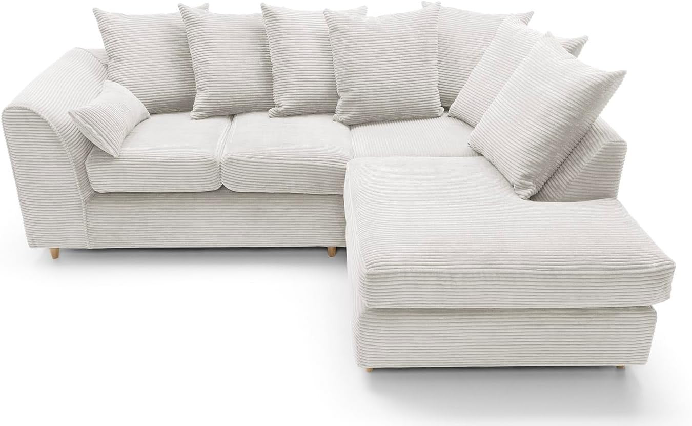 White Jumbo Cord Right Hand L Shaped Sofa | Deep Cushions | Durable Wood Frame