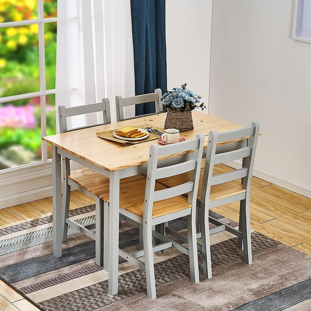 Solid Pine Dining Table & 4 Chairs Set | Durable Kitchen Furniture Grey