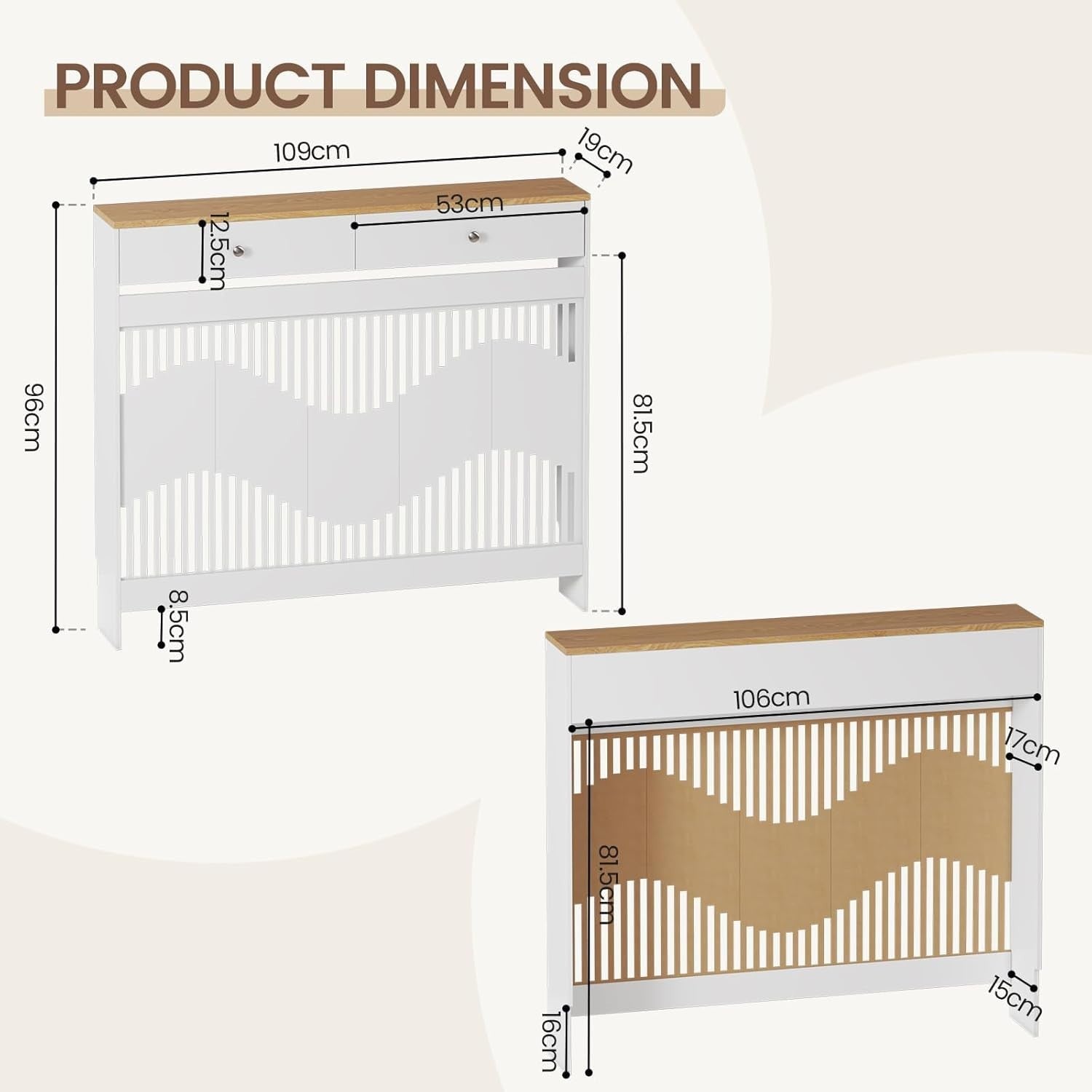 White Radiator Cover Cabinet with Drawers Modern MDF Storage Shelf Unit, Medium