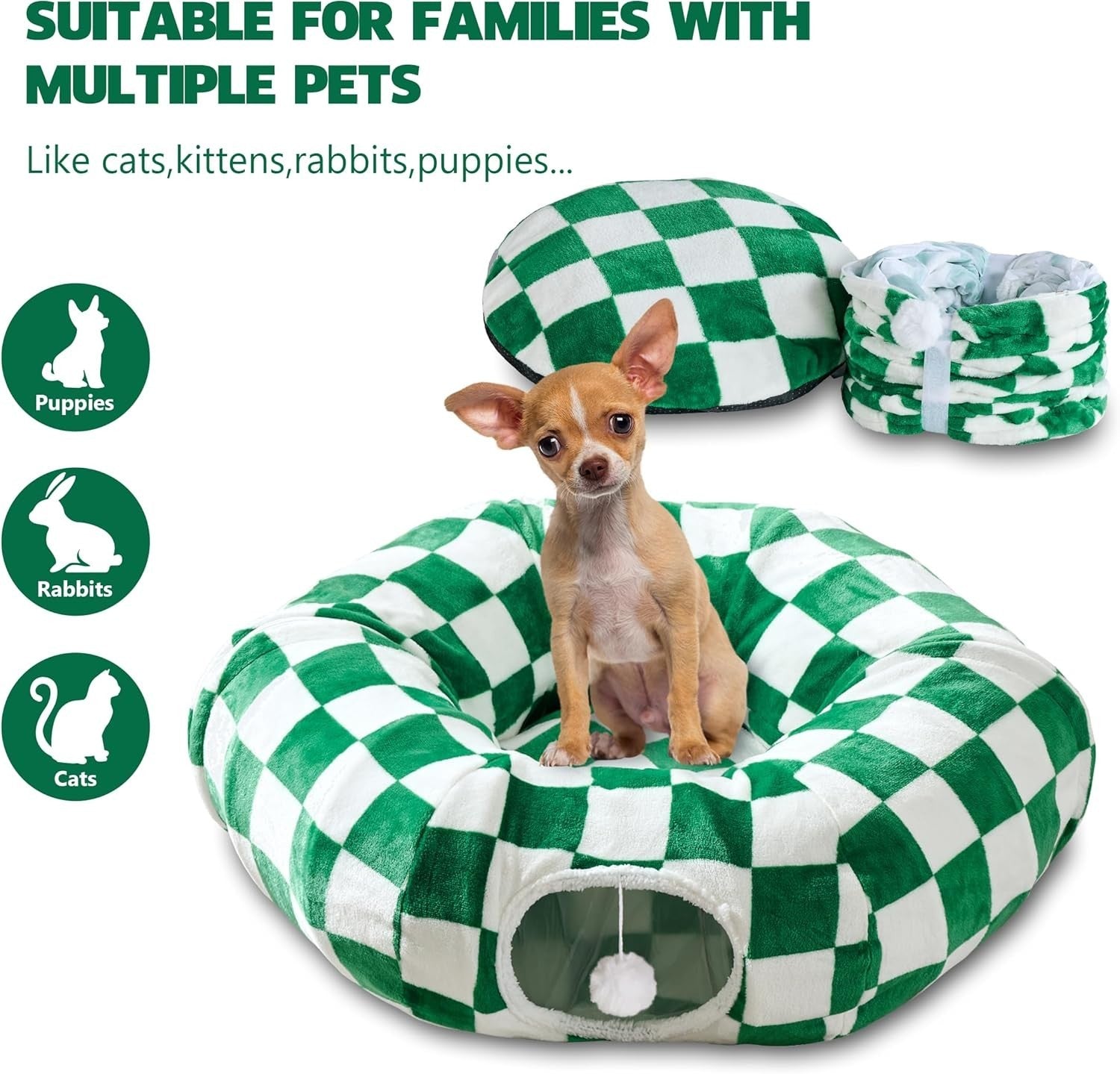 Checkered Cat Donut Tunnel Bed Peekaboo Cave w Cushion & Ball Toy