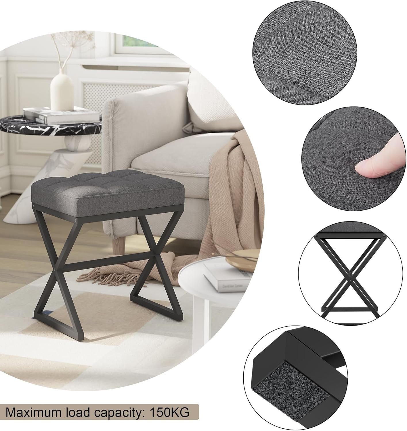 Grey Linen Vanity Stool with X-Shaped Metal Legs Footrest Bench 40×30×46cm