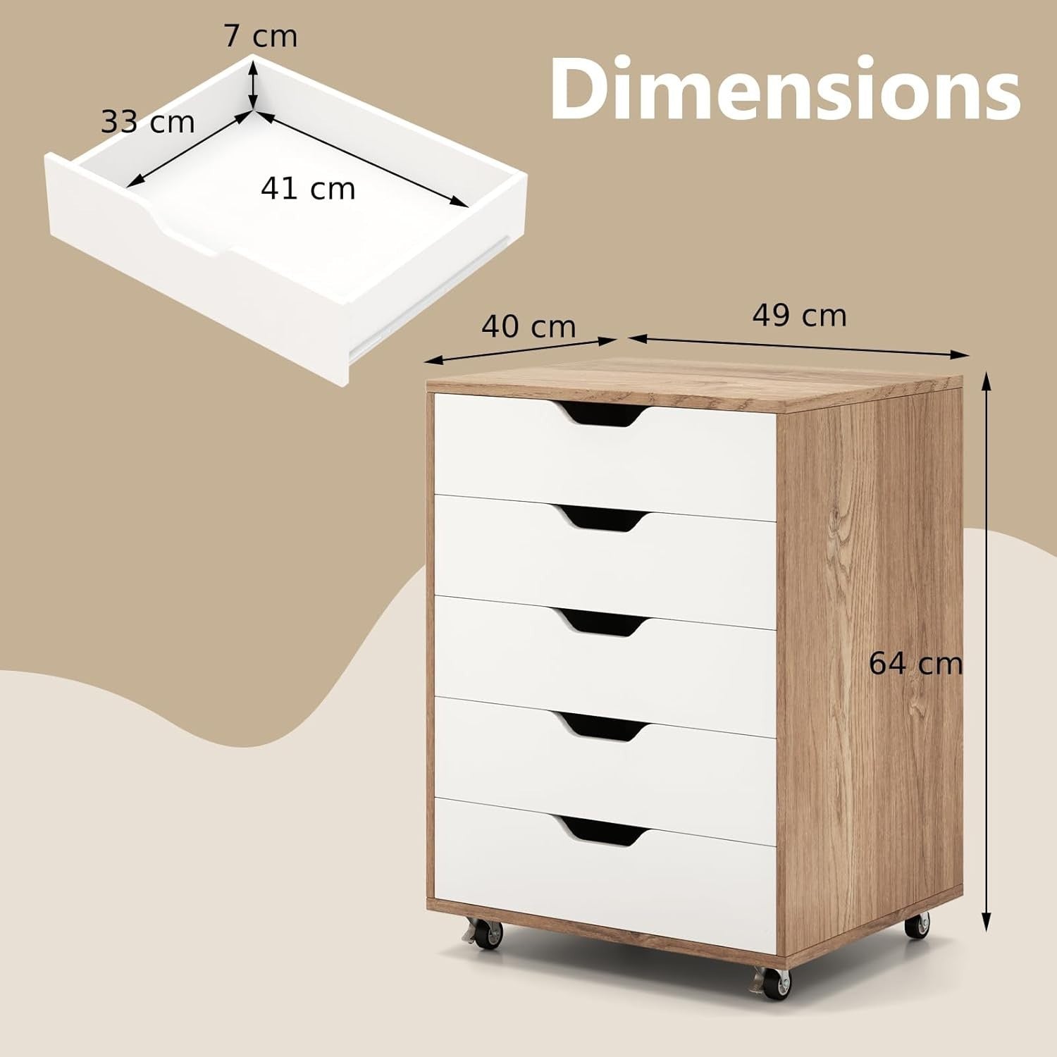 Natural White Mobile Filing Cabinet 7 Drawer Storage Unit Wheels for Home Office