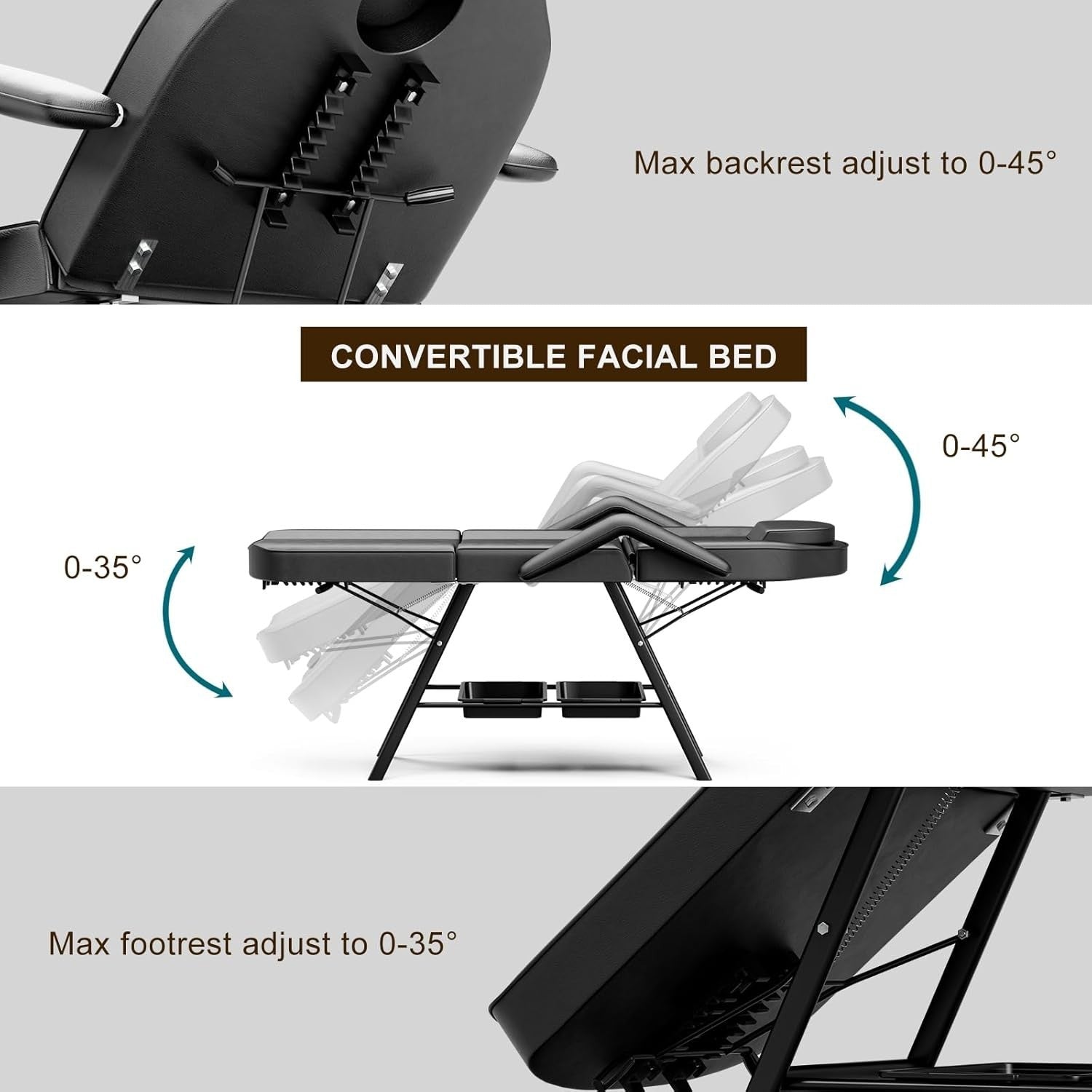Adjustable 3-Section Beauty Massage Bed w/ Stool & Storage Shelves Black