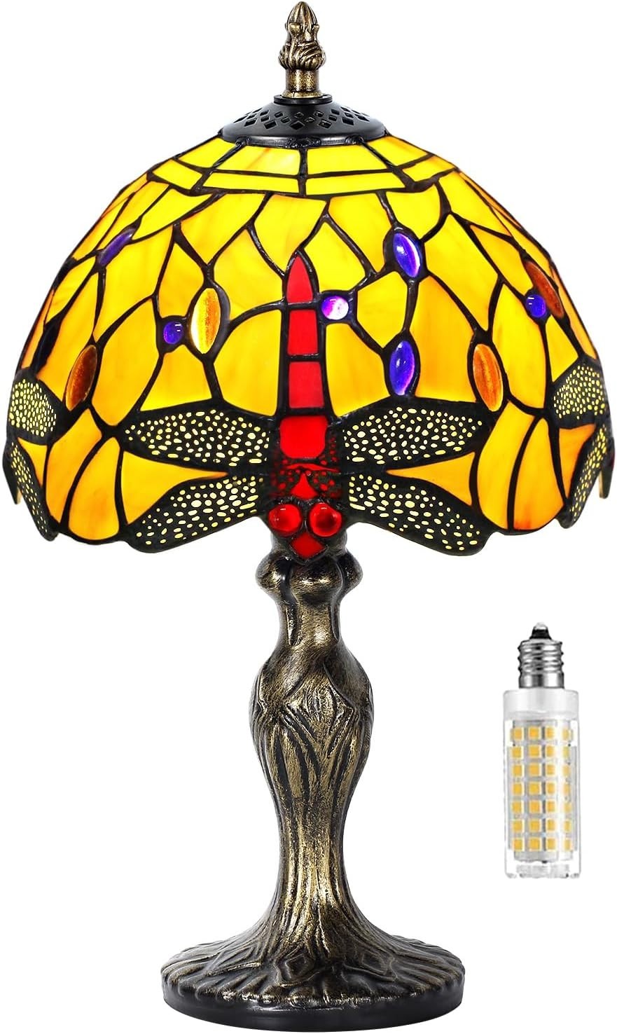Stained Glass Dragonfly Table Lamp Antique Style Warm LED Light