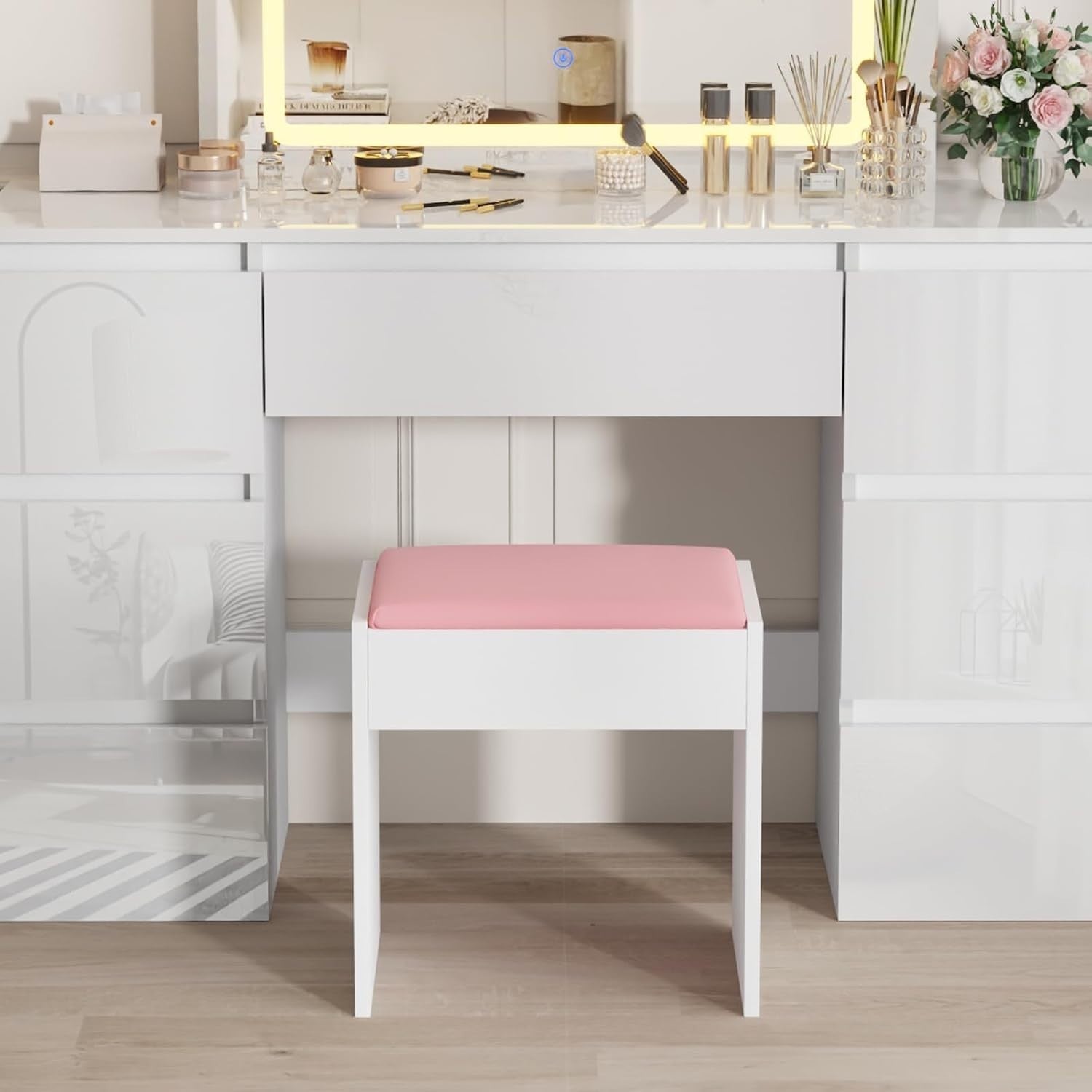 Pink Padded Dressing Table Stool – Baroque Vanity Chair for Bedroom