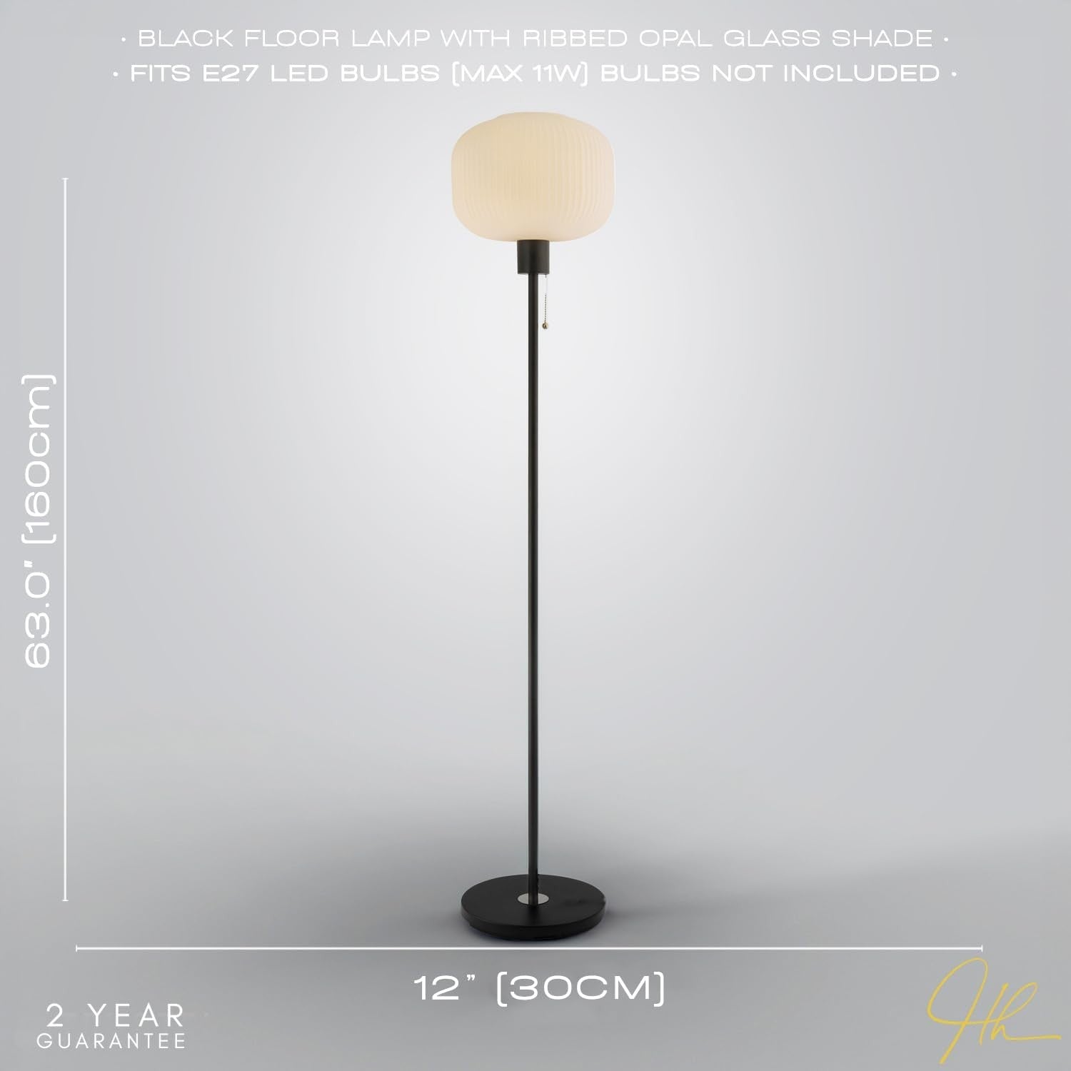 Modern Floor Lamp Black Opal Glass Shade Pull Cord Switch 160cm E27