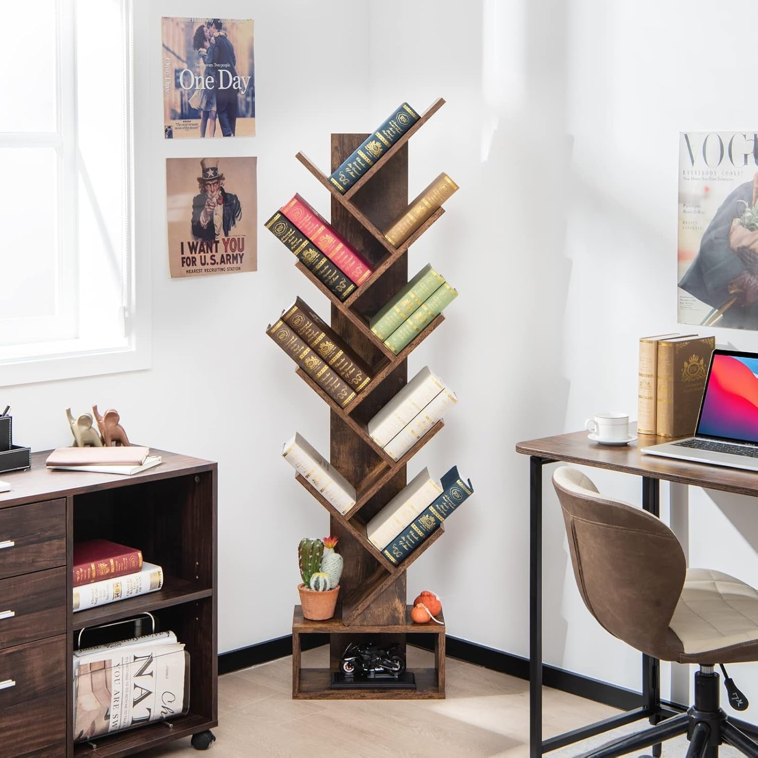 10 Tier Tree Bookshelf Tall Wooden Display Rack Freestanding Storage Unit Brown