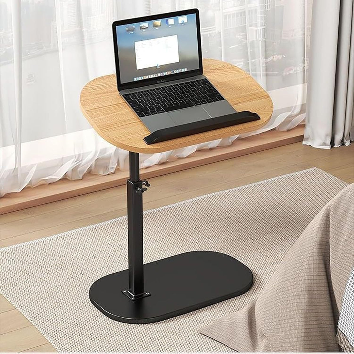 Oak Lift Top Laptop Side Table Adjustable Height 360° Swivel C Shape