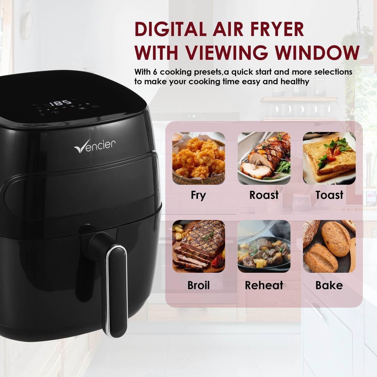 Digital Air Fryer 1350W Window LED Touch 6 Presets Rapid Air Low-Fat Cooking