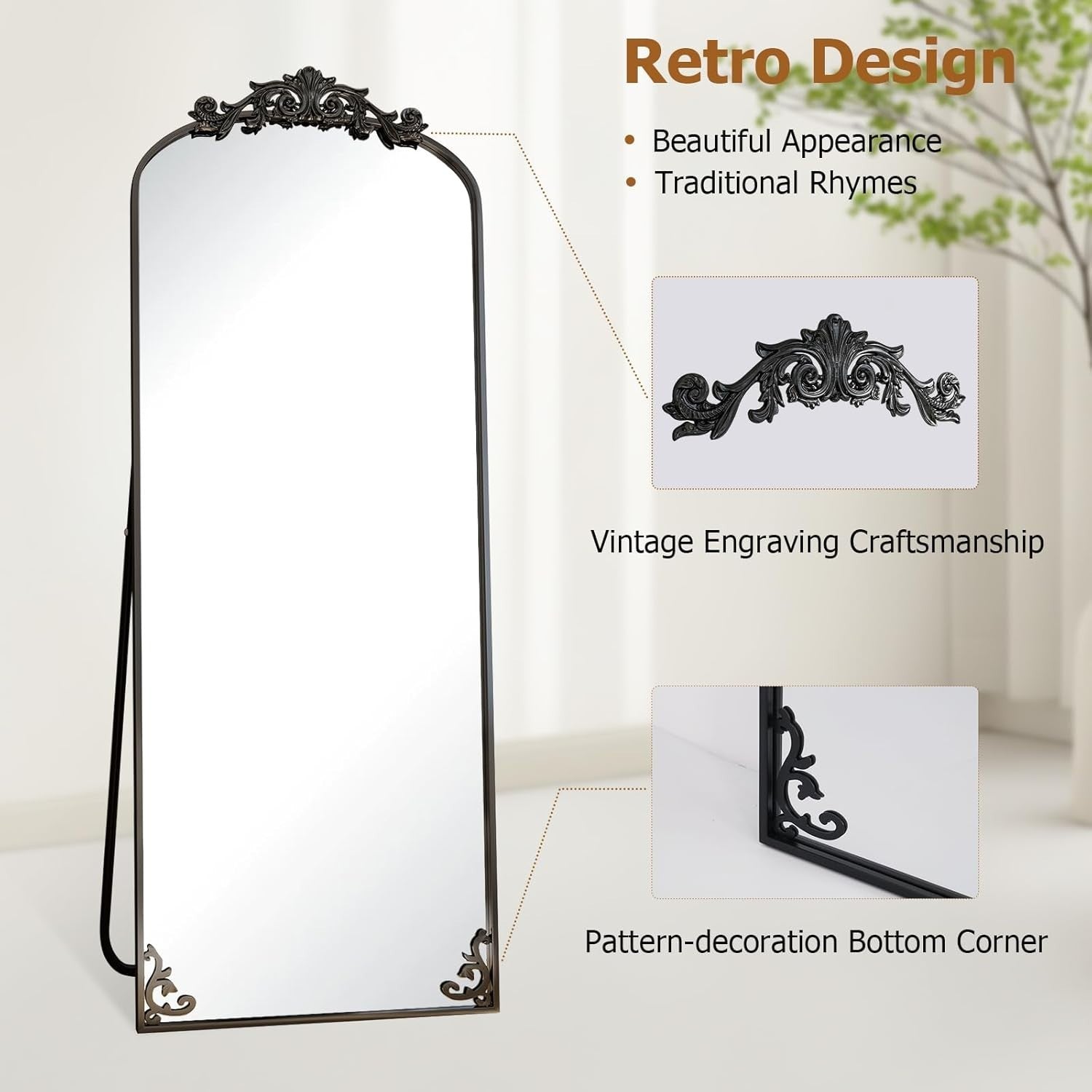 Full-Length Vintage Arched Floor Mirror | Shatterproof Glass, Retro Design 52x16