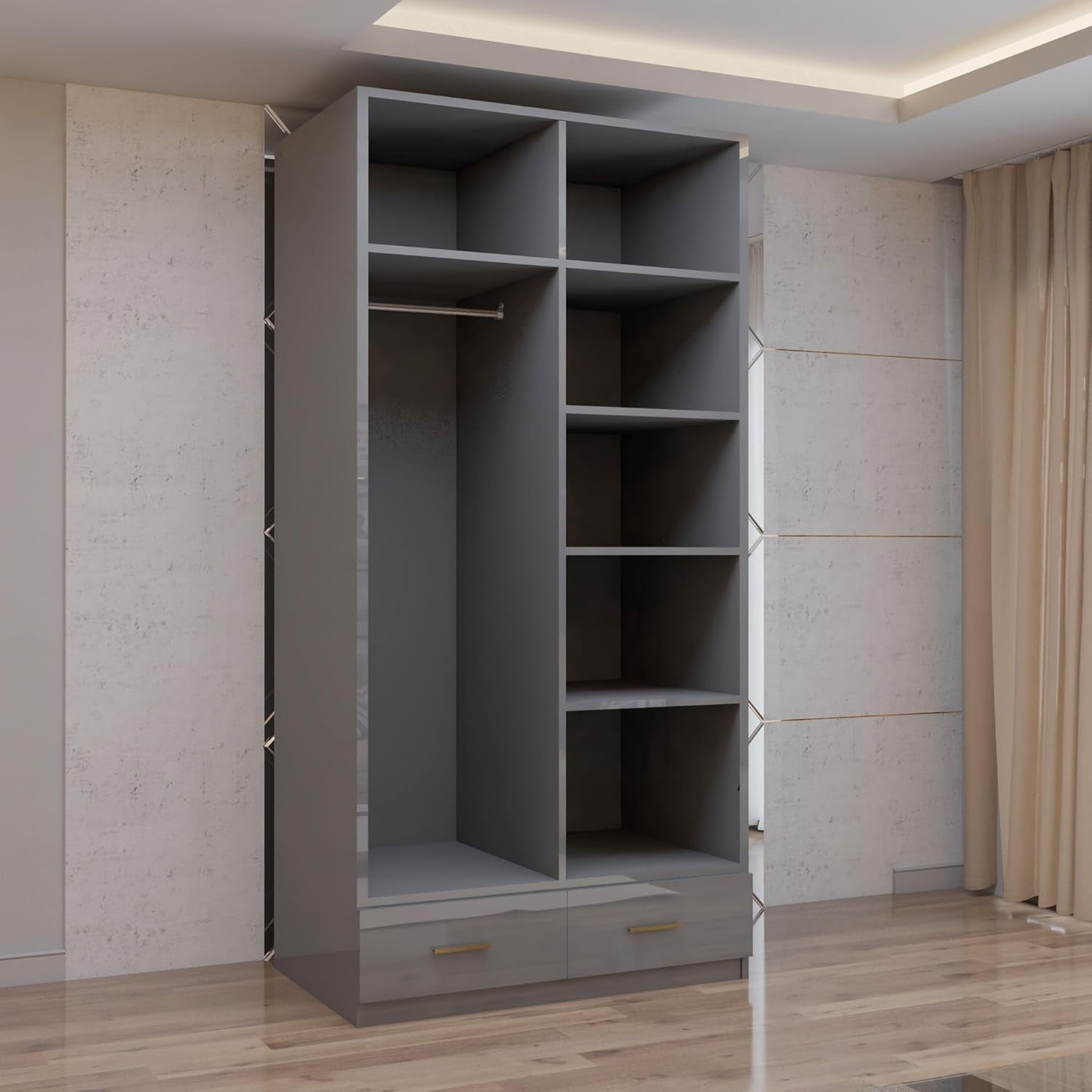 Grey Gloss Wardrobe Mirror Drawers Gold Handles 2 Door 90cm Storage