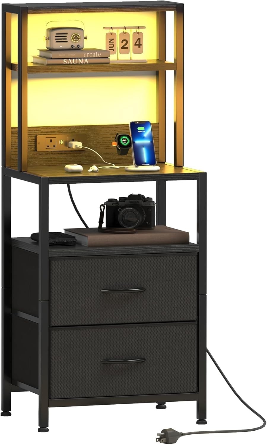 Black Bedside Table with Charging Station & LED Light, Modern Nightstand
