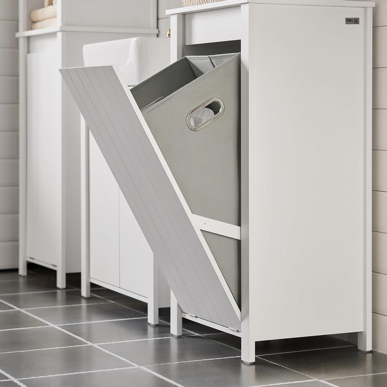 Bathroom Laundry Cabinet with Fold Out Basket Slim White Space Saving