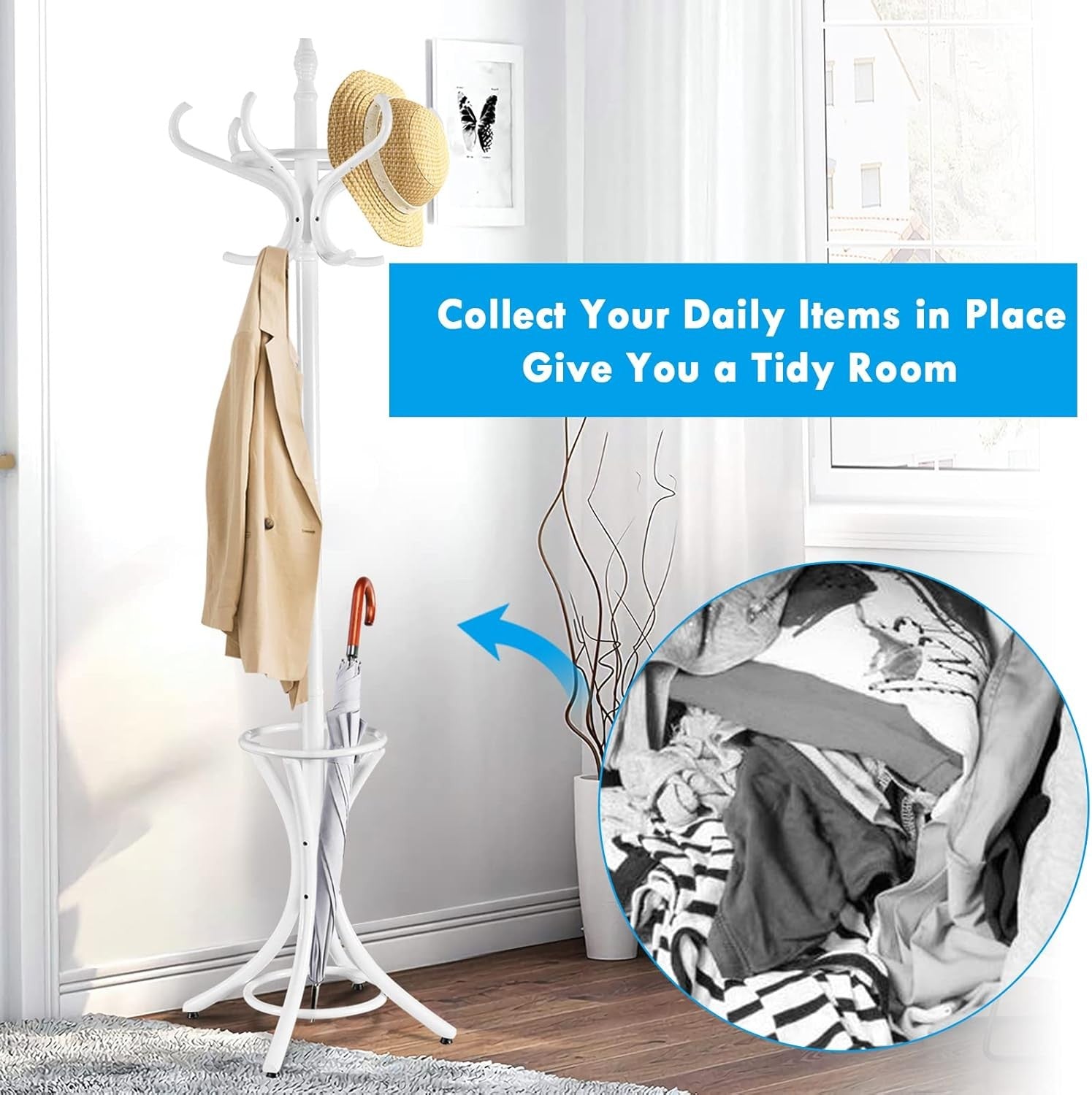 White Solid Wood Coat Rack with 12 Hooks & Umbrella Holder | Freestanding Hall