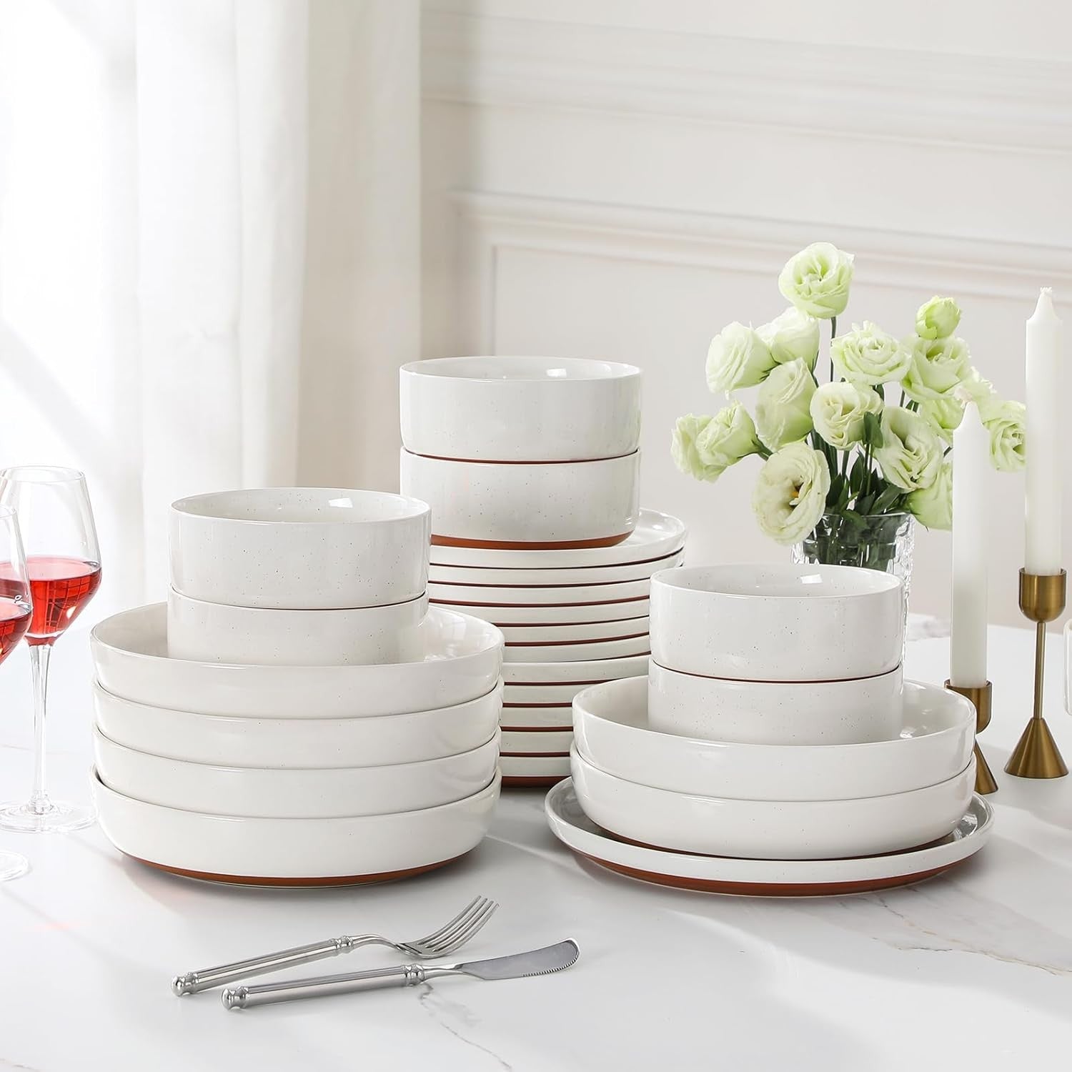 24 Piece Dinner Set Plates Bowls for 6 Stoneware Microwave Dishwasher Safe