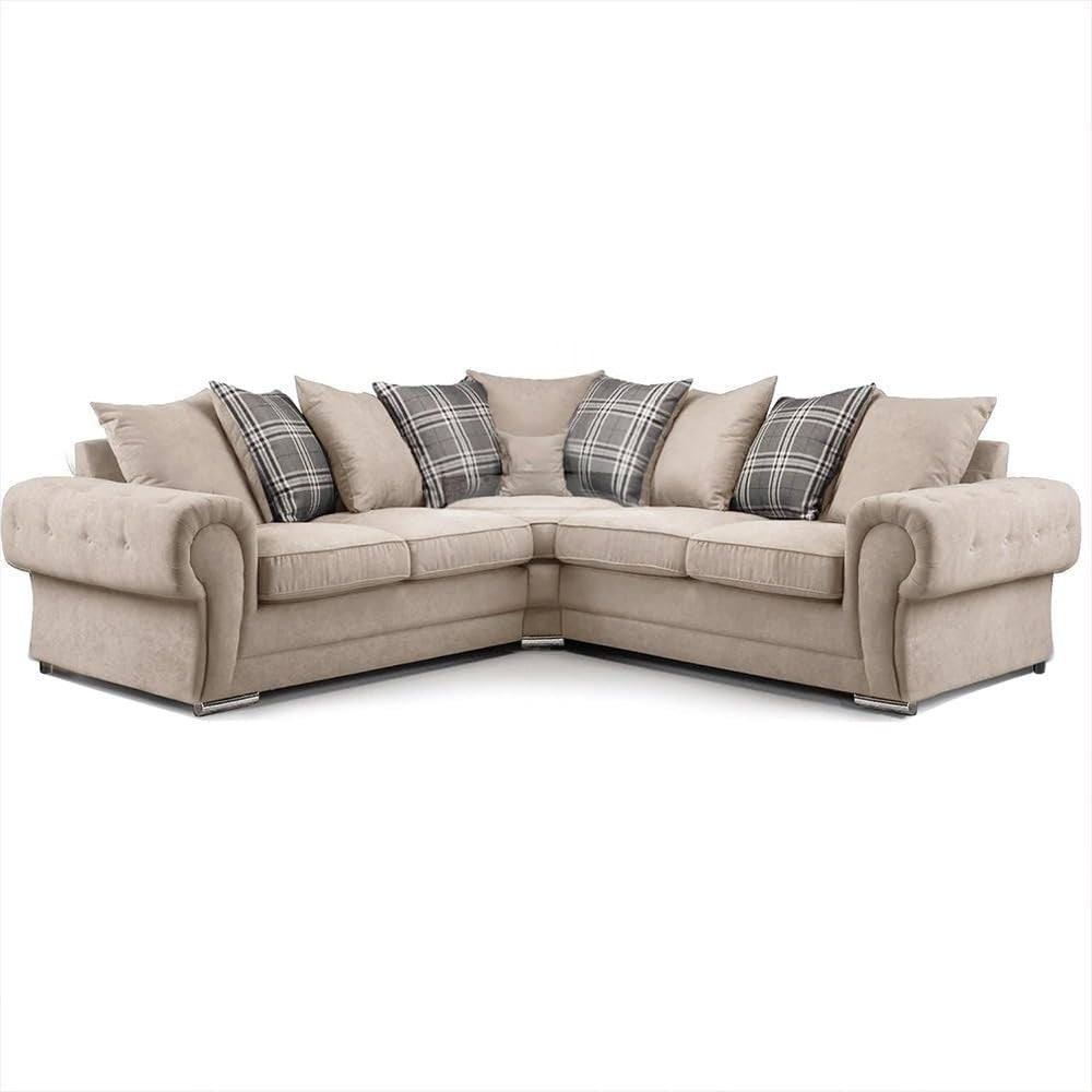 Beige Chesterfield Corner Sofa 2C2 – 5 Seater Chenille Settee with Scatter Cushi