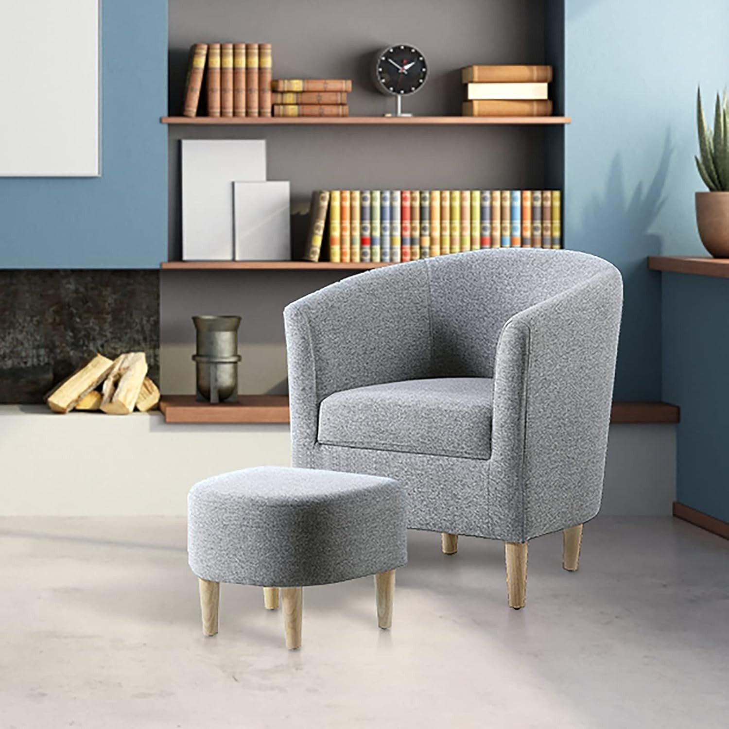 Grey Tub Armchair with Footstool Linen Lounge Chair for Bedroom Sofa