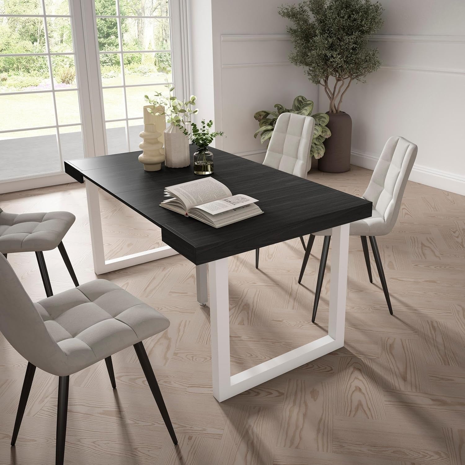 Extendable Folding Dining Table for 8, Black Wood, Solid Legs, Modern