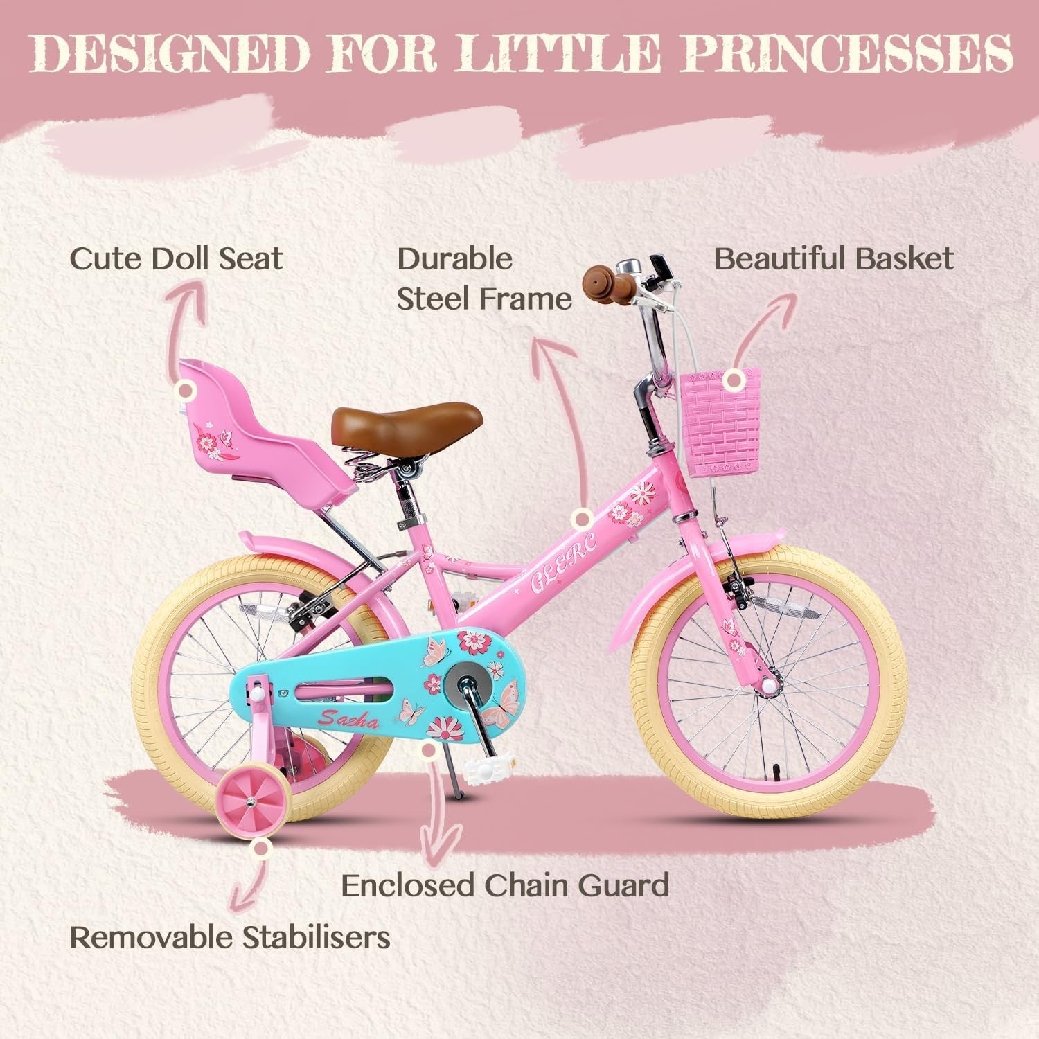 16 Inch Girls Kids Bike with Stabilisers Basket Doll Seat Pink Age 4-8