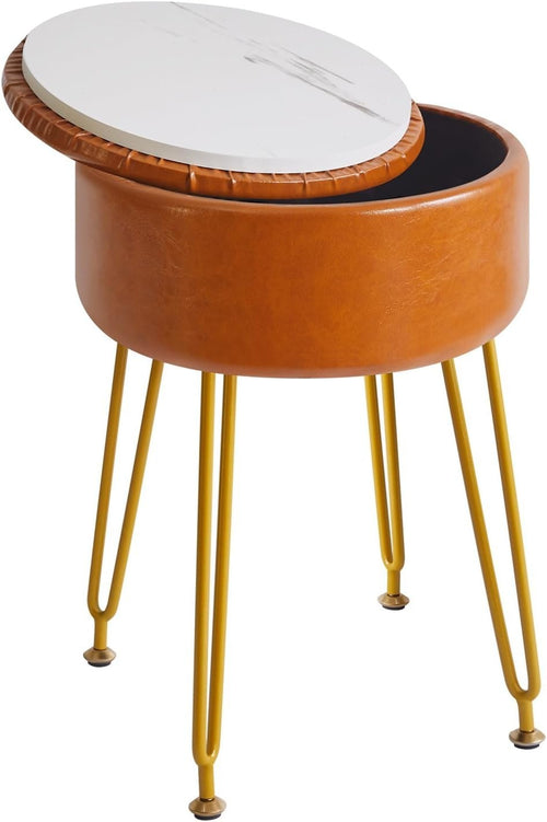 Light Brown PU Leather Round Storage Stool – Vanity Seat w/ Gold Metal Legs