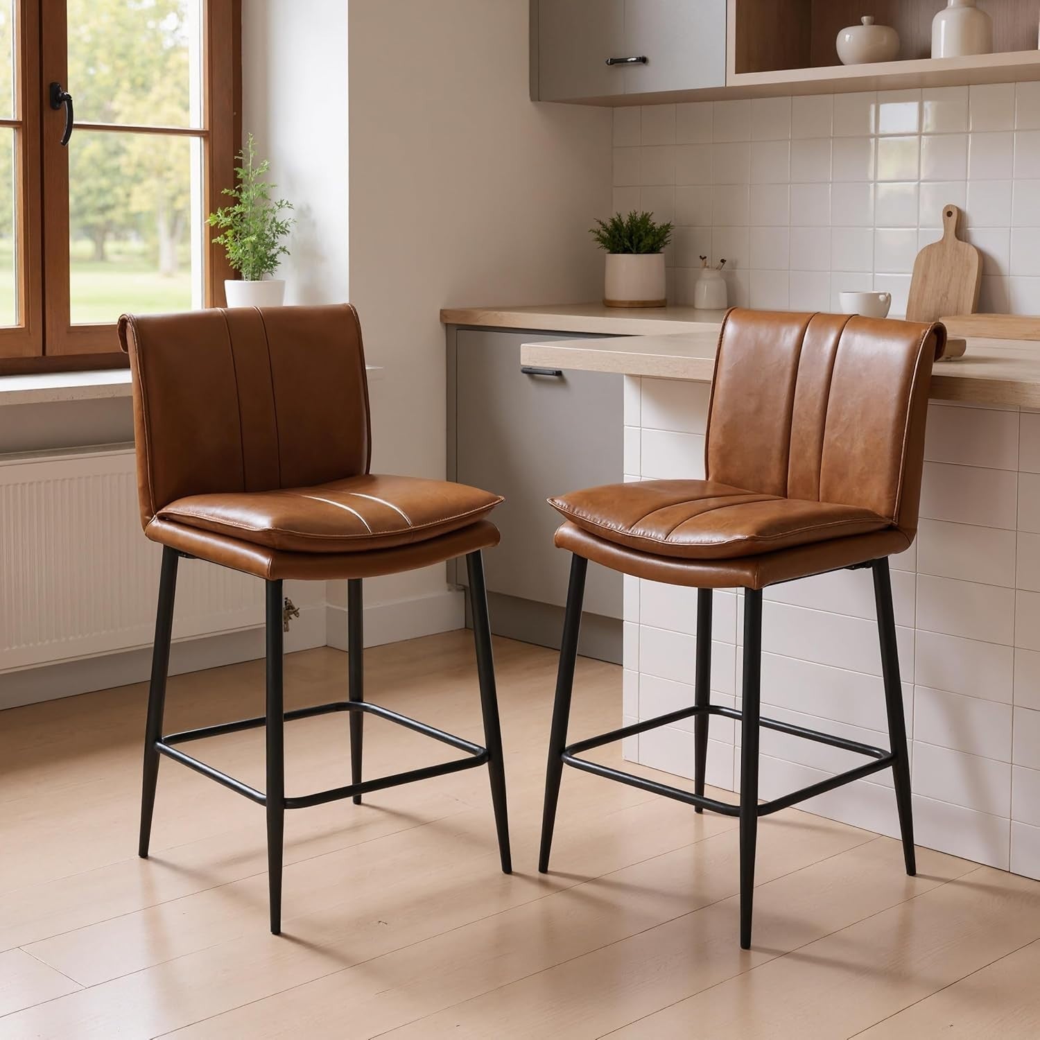 Brown Bar Stools Set of 2 – Faux Leather Counter Chairs with Footrest