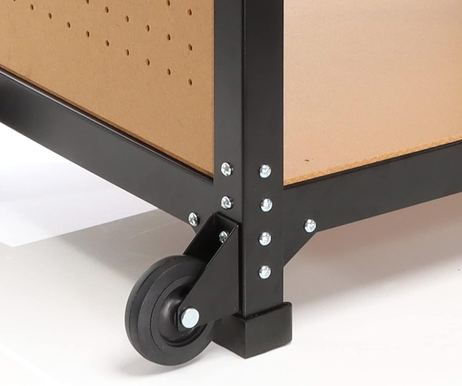 Mobile Adjustable Workbench 66–82cm Steel Table Wheels MDF Top Shelves Pegboard