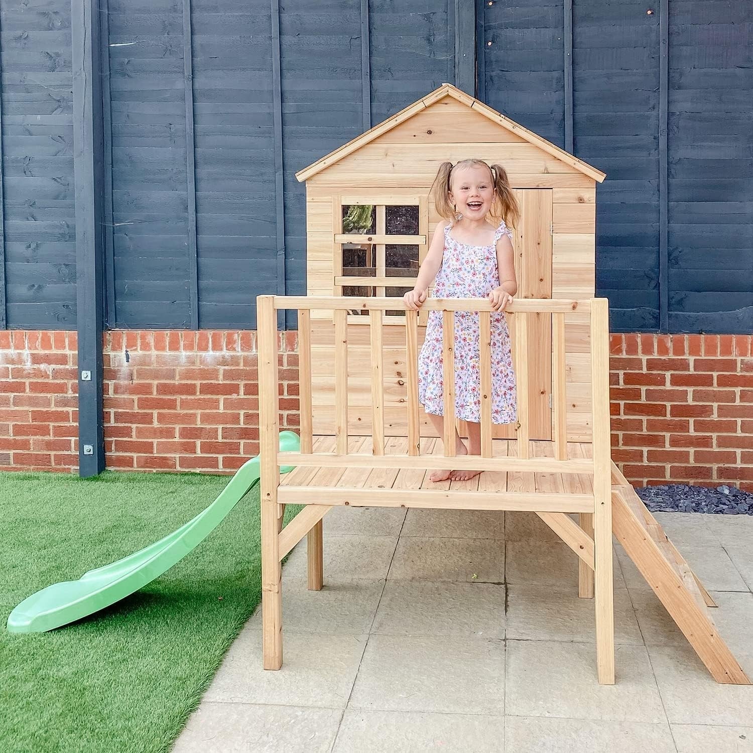 Wooden Kids Playhouse Tower with Slide Outdoor Garden Play Set