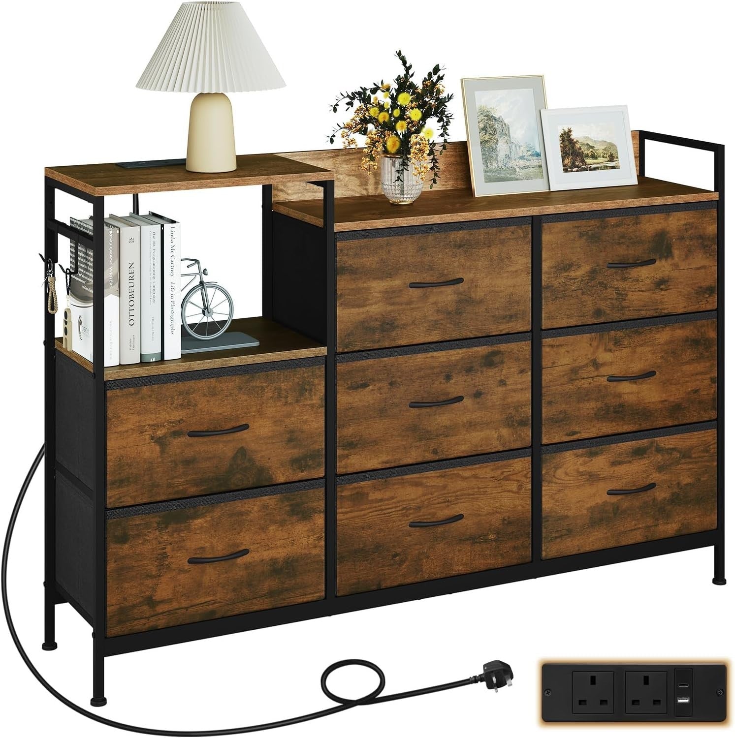 8 Drawer Fabric Chest with USB & Power Ports Vintage Wood Storage Cabinet
