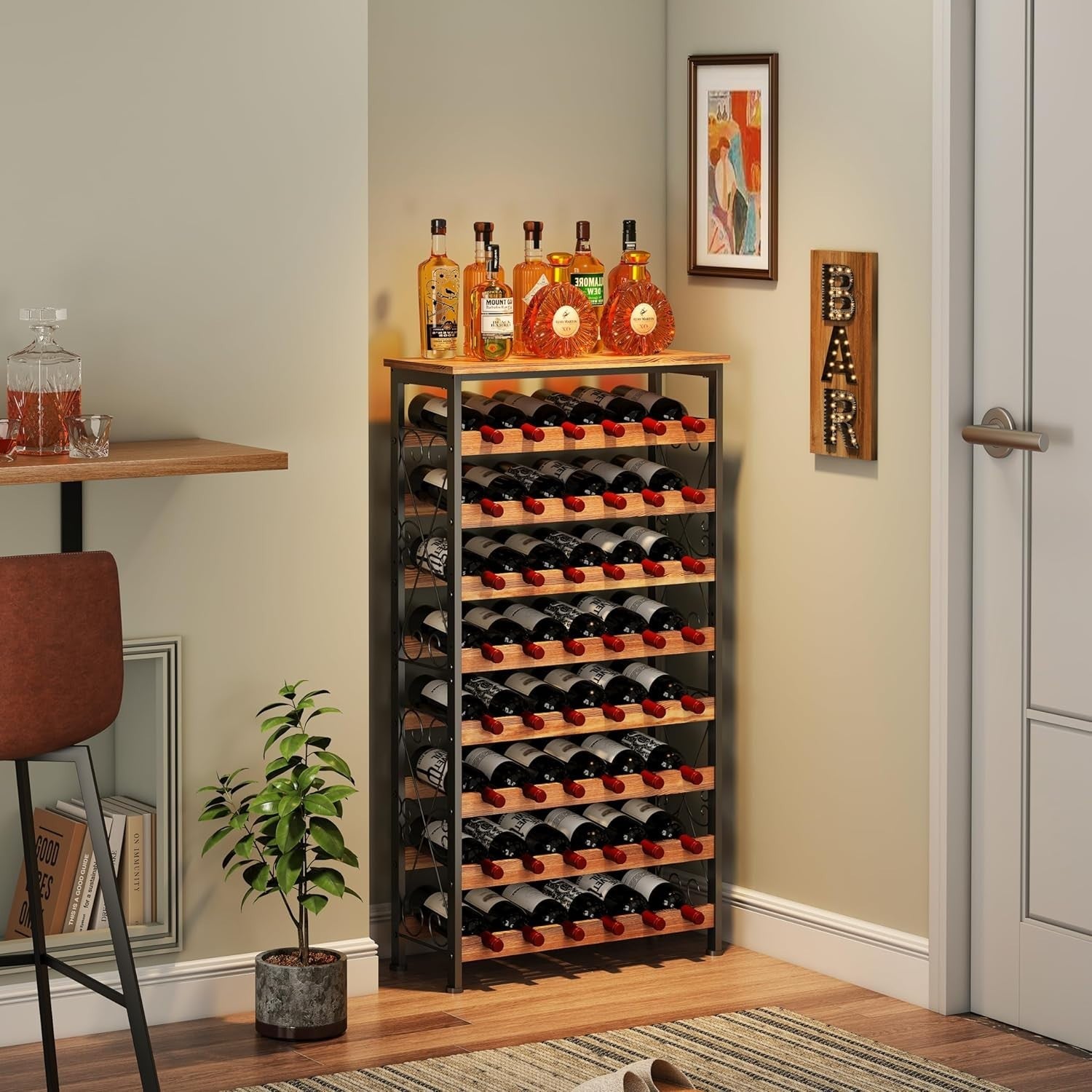 48 Bottle Wine Rack Floor Standing with Wood Top Shelf Rustic 8-Tier Storage
