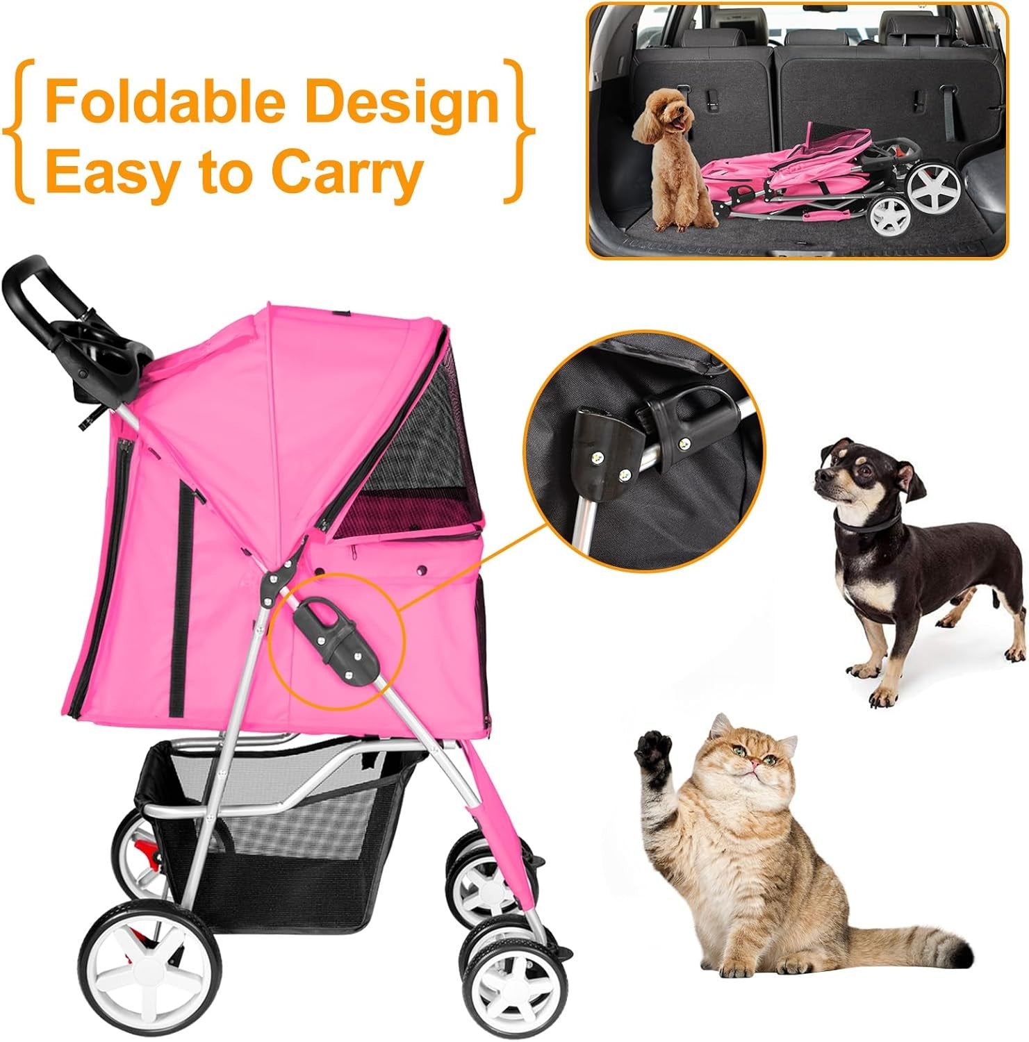 Pet Travel Stroller Dog Cat Pushchair 4 Wheel Folding Pram Jogger Pink