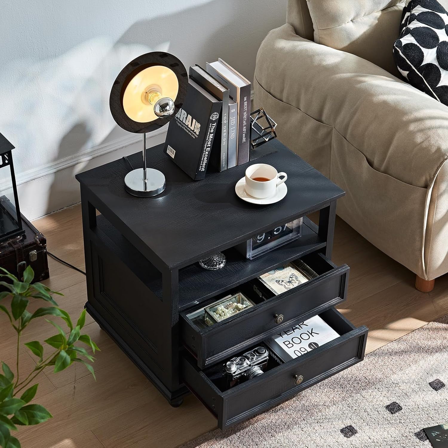 Modern Black Wooden Bedside Table with Drawers & Open Shelf