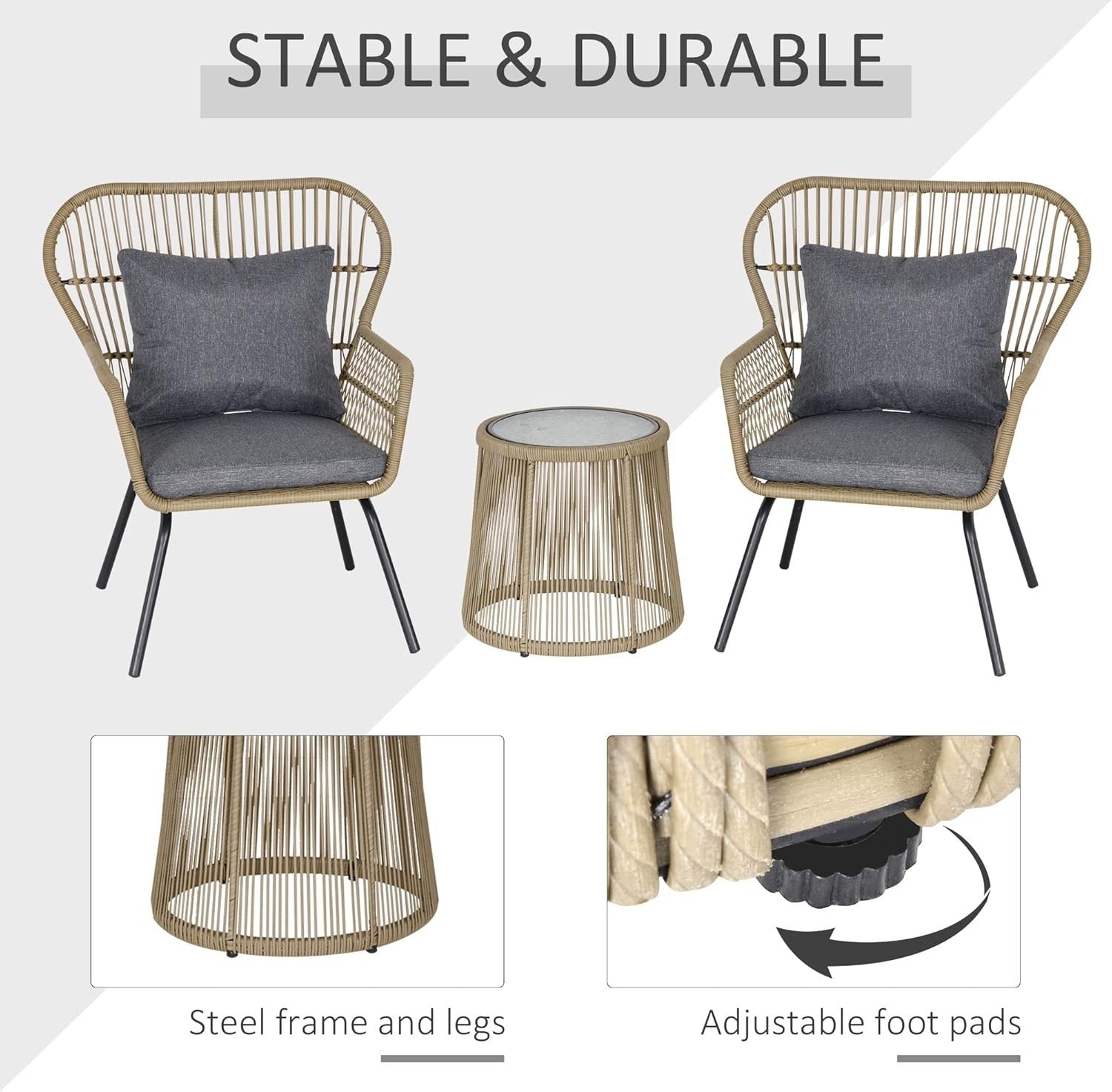Designer Rattan Bistro Set 3PC Woven Armchairs Glass Table Patio Brown
