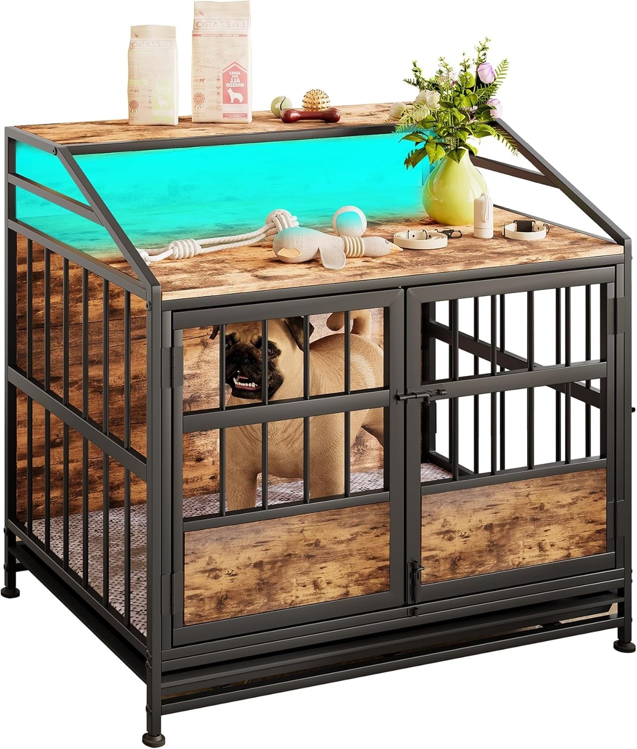 Rustic Dog Crate Furniture with LED Light & Removable Tray – Medium Size